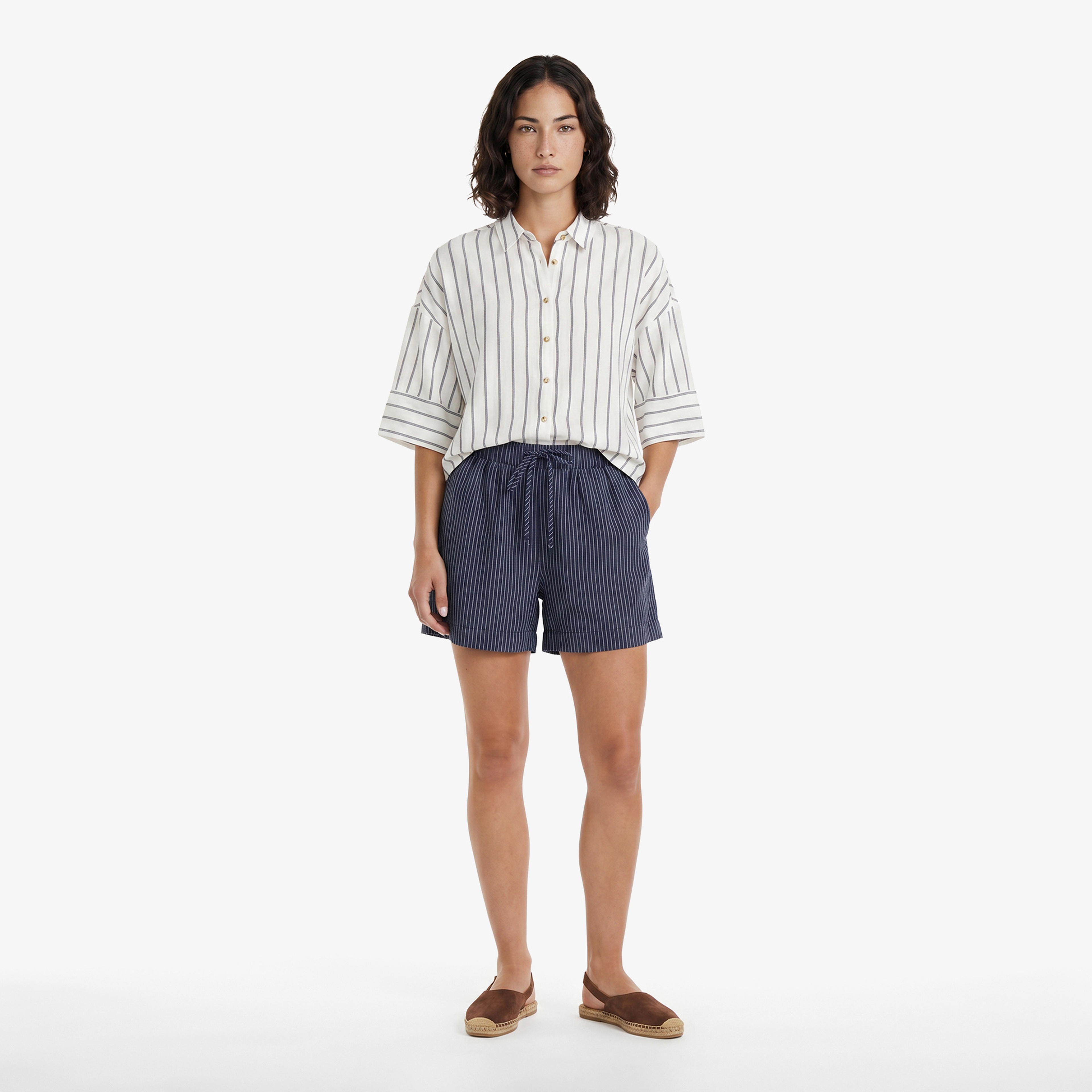 Nautica Kadın Beyaz Regular Fit Kısa Kollu Çizgili Gömlek