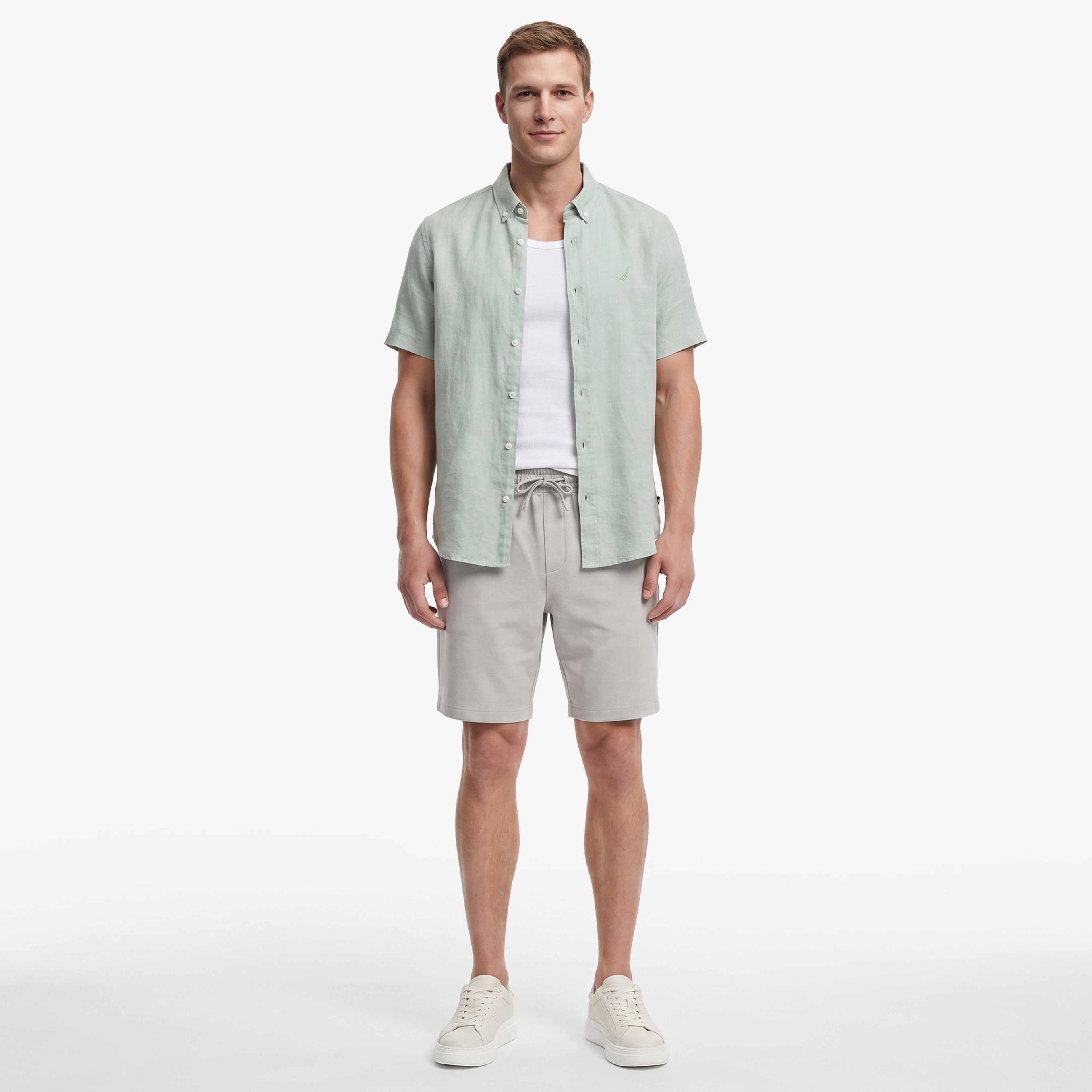 Nautica Erkek Yeşil Regular Fit Kısa Kollu Keten Gömlek