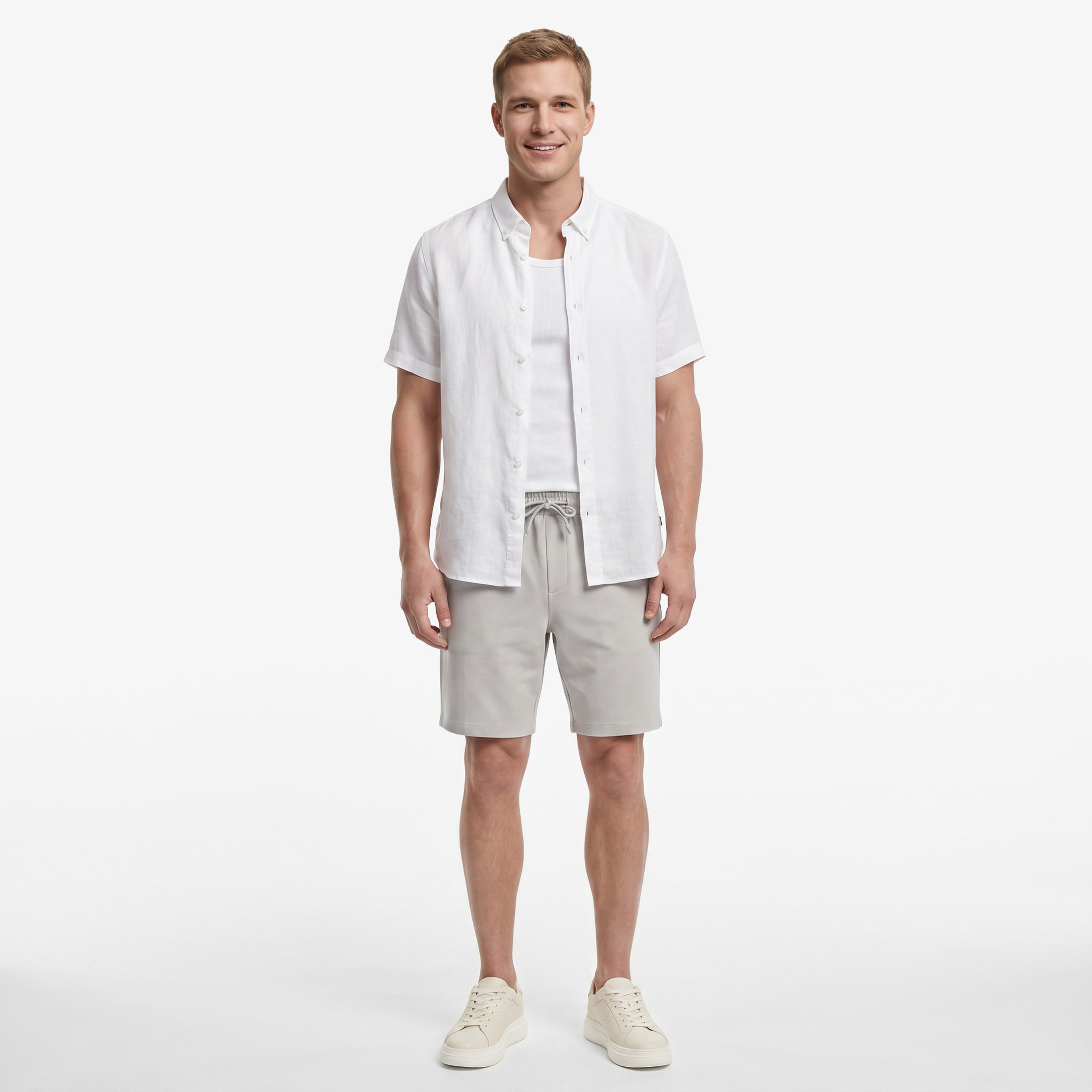 Nautica Erkek Beyaz Regular Fit Kısa Kollu Keten Gömlek