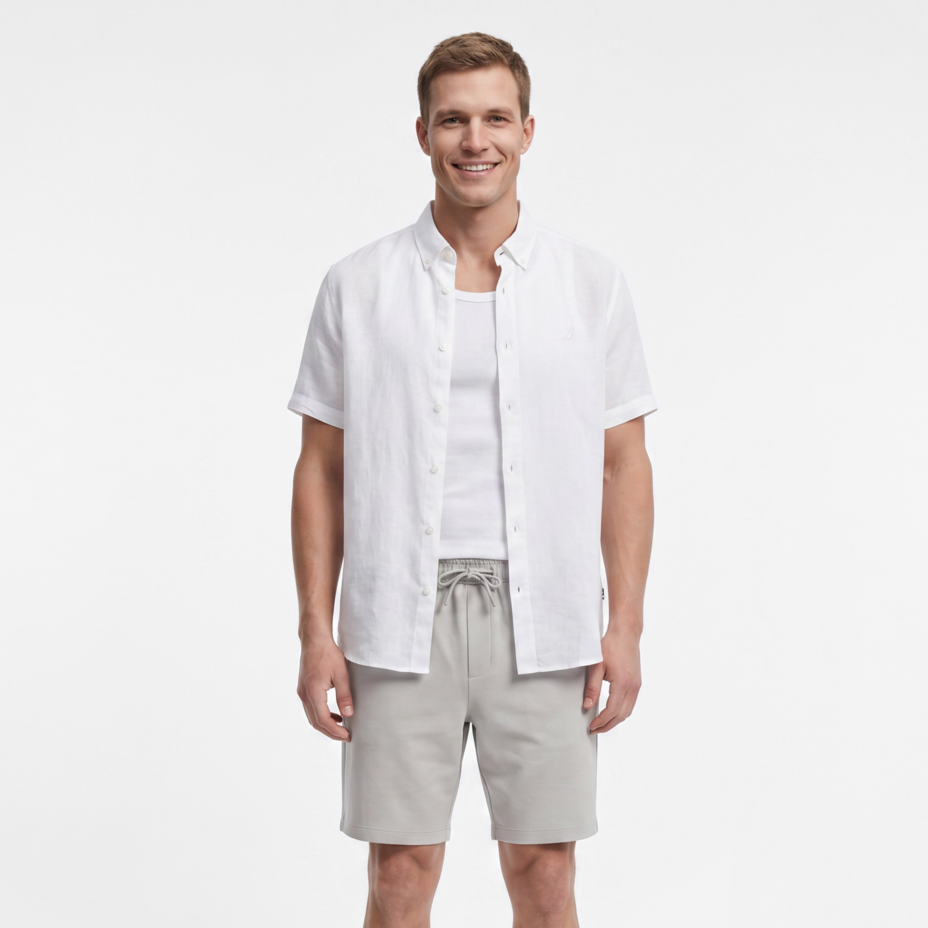 Nautica Erkek Beyaz Regular Fit Kısa Kollu Keten Gömlek