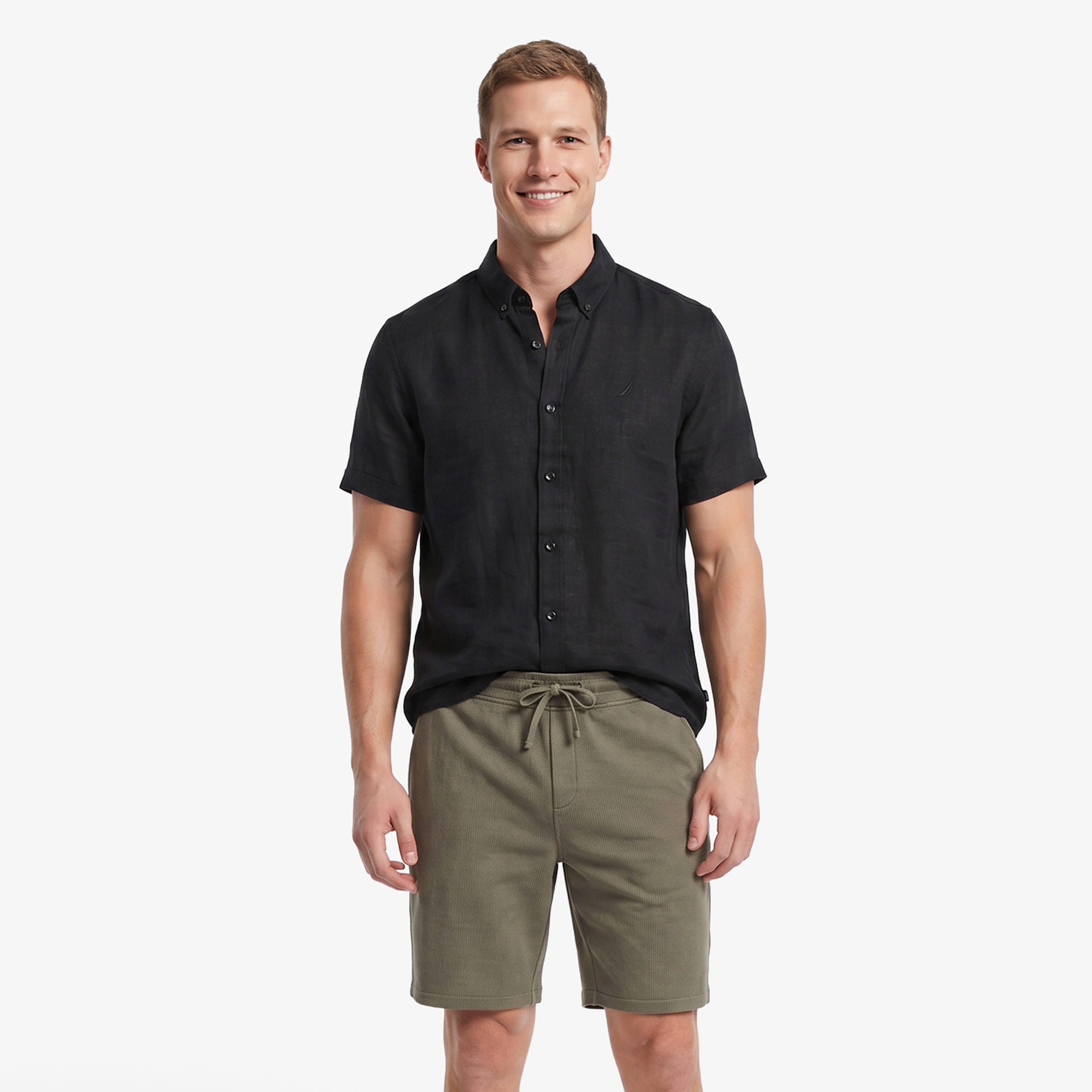 Nautica Erkek Siyah Regular Fit Kısa Kollu Keten Gömlek
