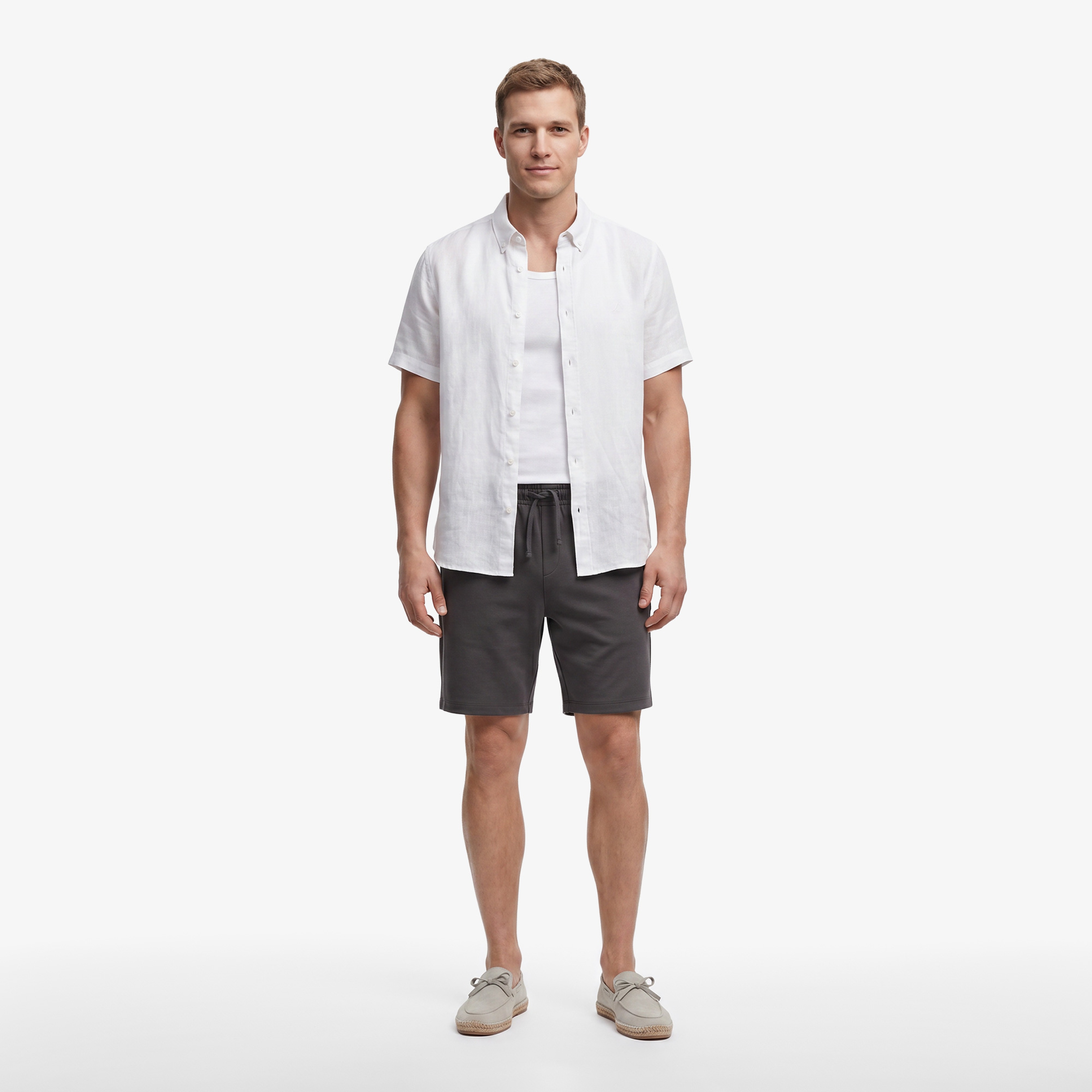 Nautica Erkek Açık Gri Regular Fit Kısa Kollu Keten Gömlek
