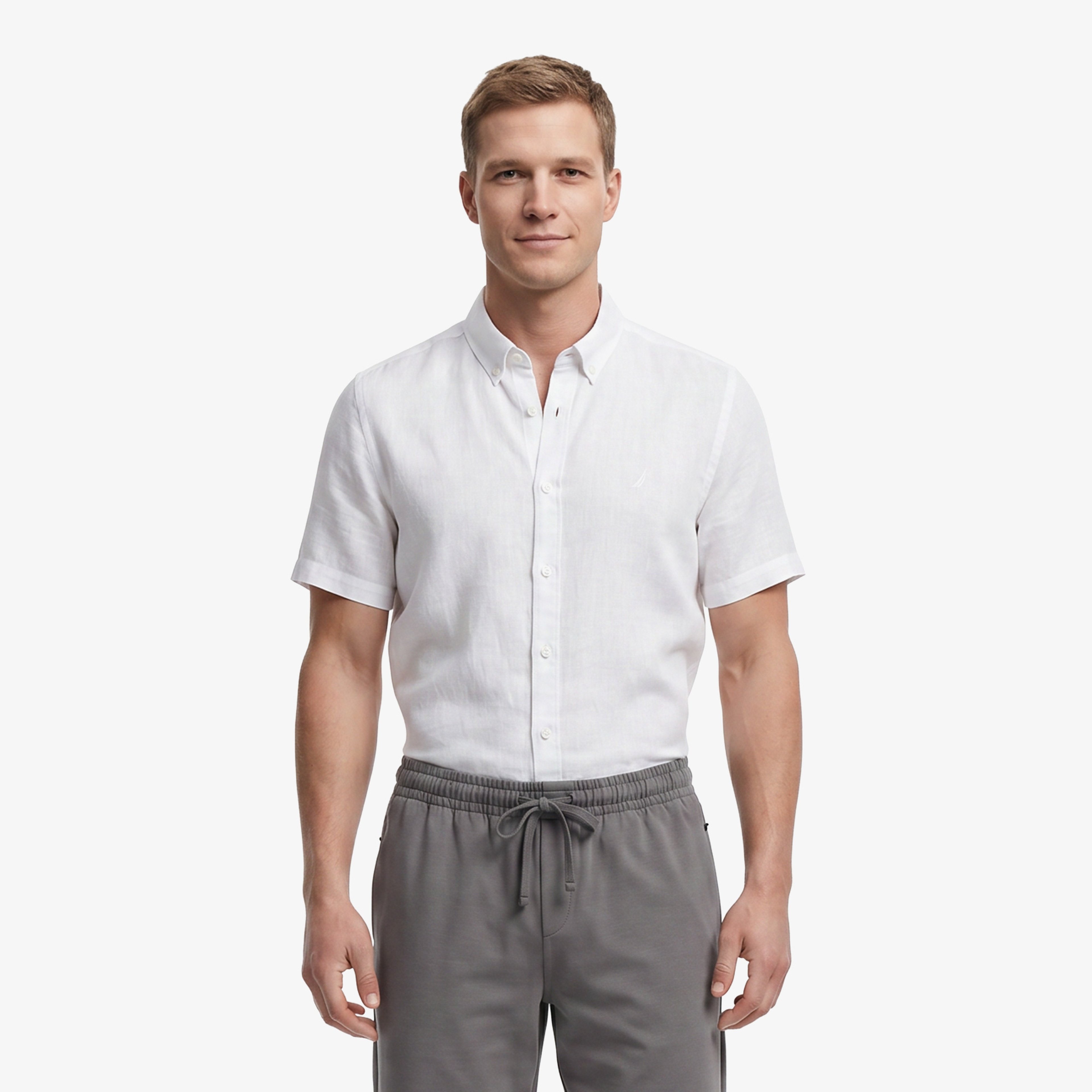 Nautica Erkek Açık Gri Regular Fit Kısa Kollu Keten Gömlek