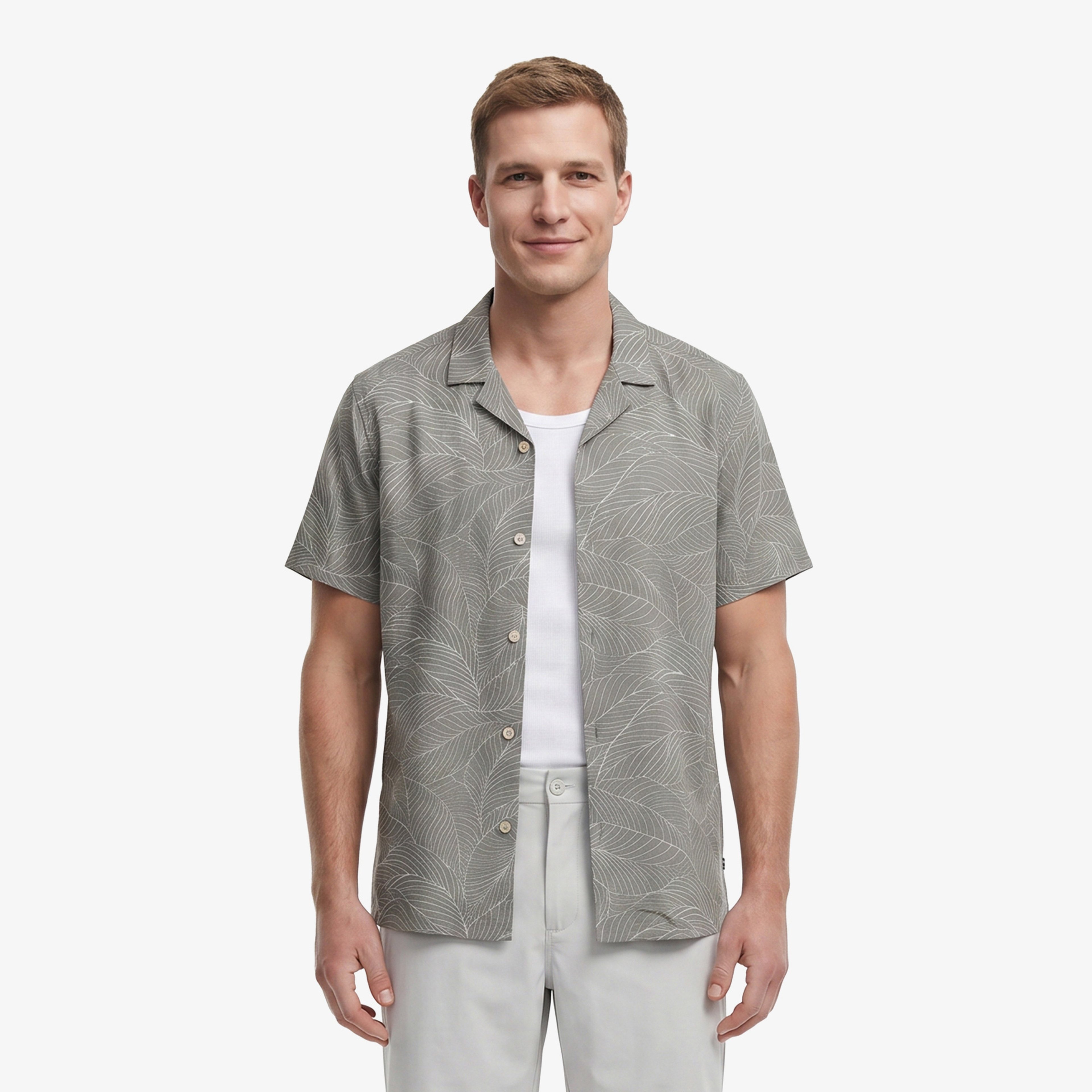 Nautica Erkek Yeşil Regular Fit Kısa Kollu Desenli Keten Gömlek