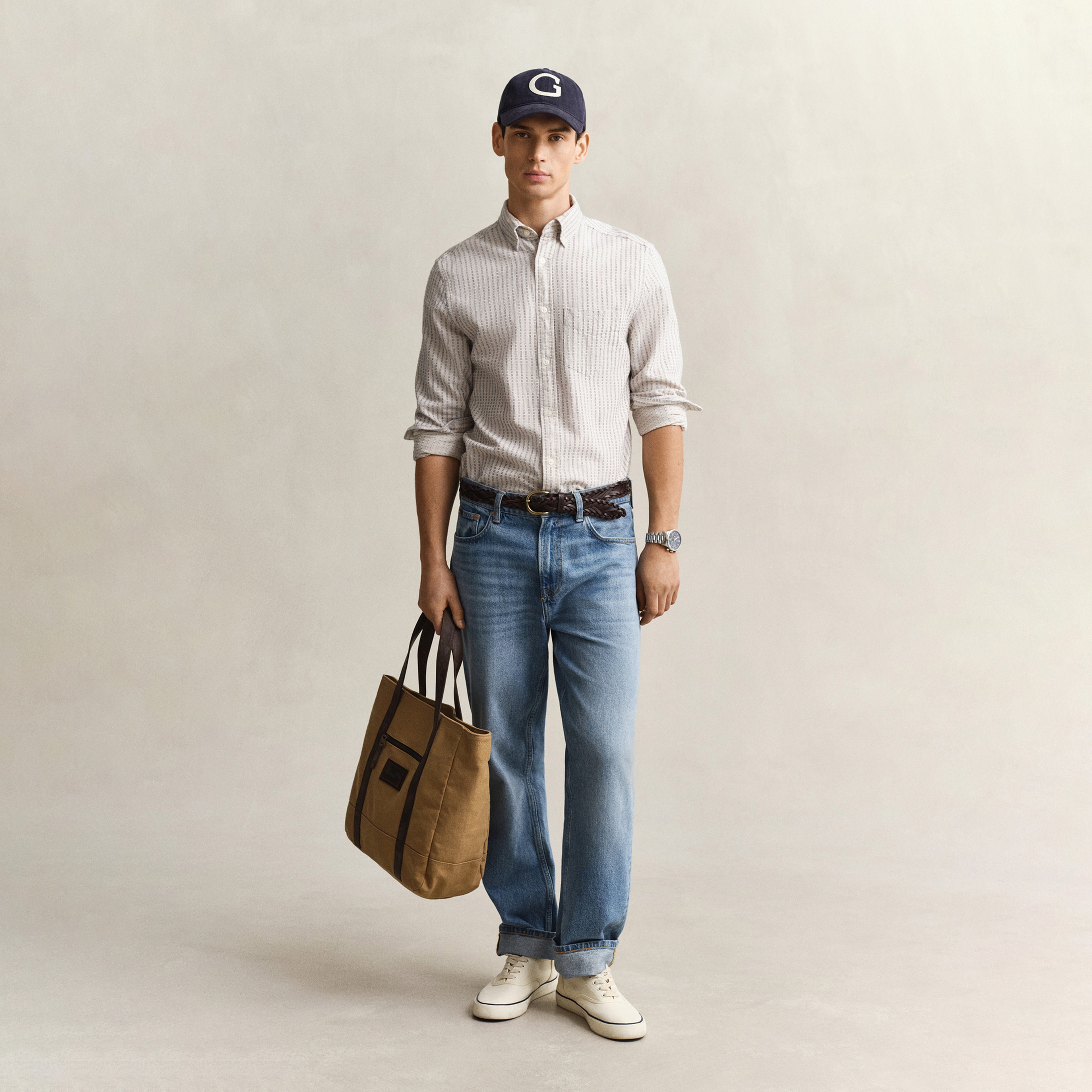 GANT Erkek Krem Regular Fit Çizgili Gömlek
