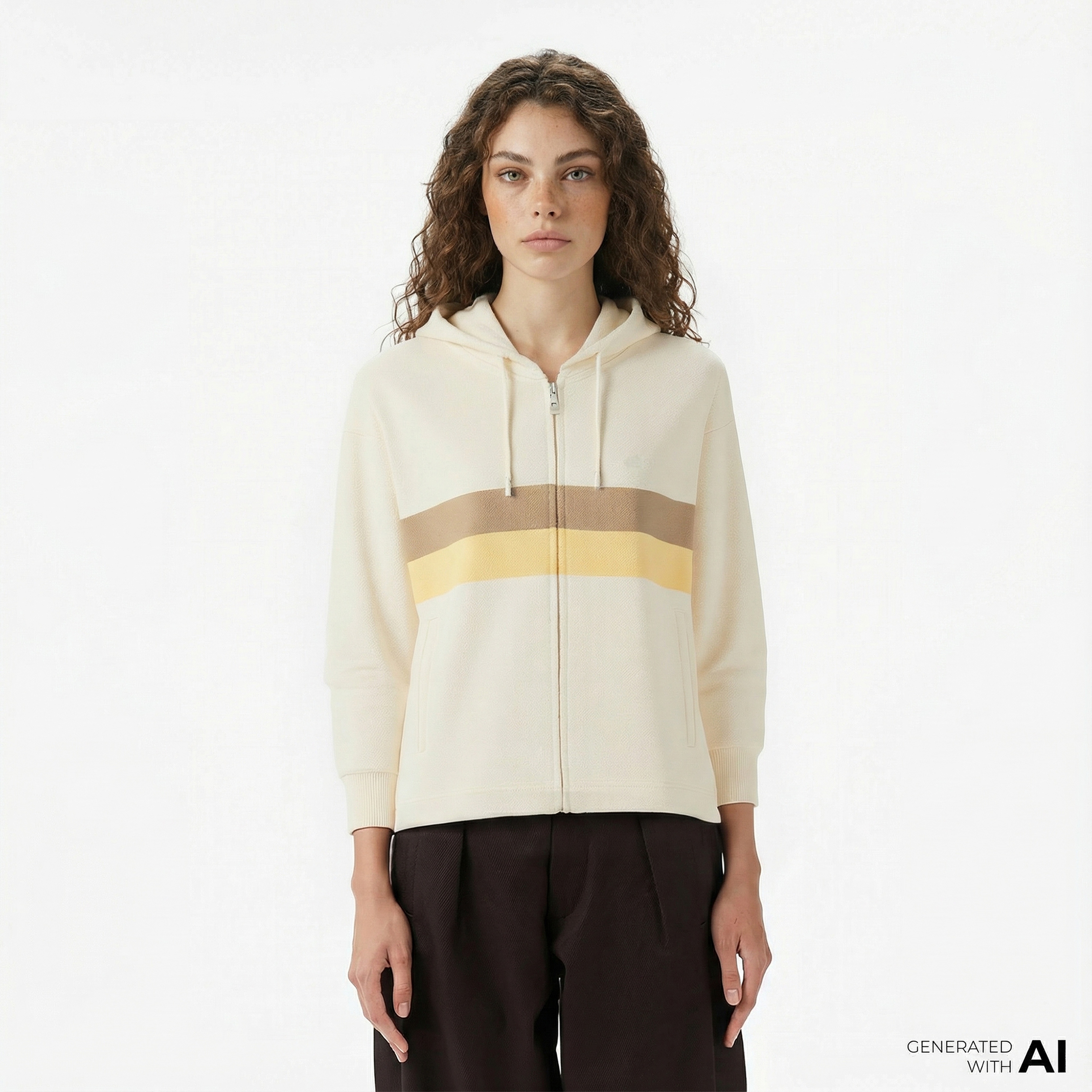 Kadın Relaxed Fit Kapüşonlu Renk Bloklu Krem Sweatshirt