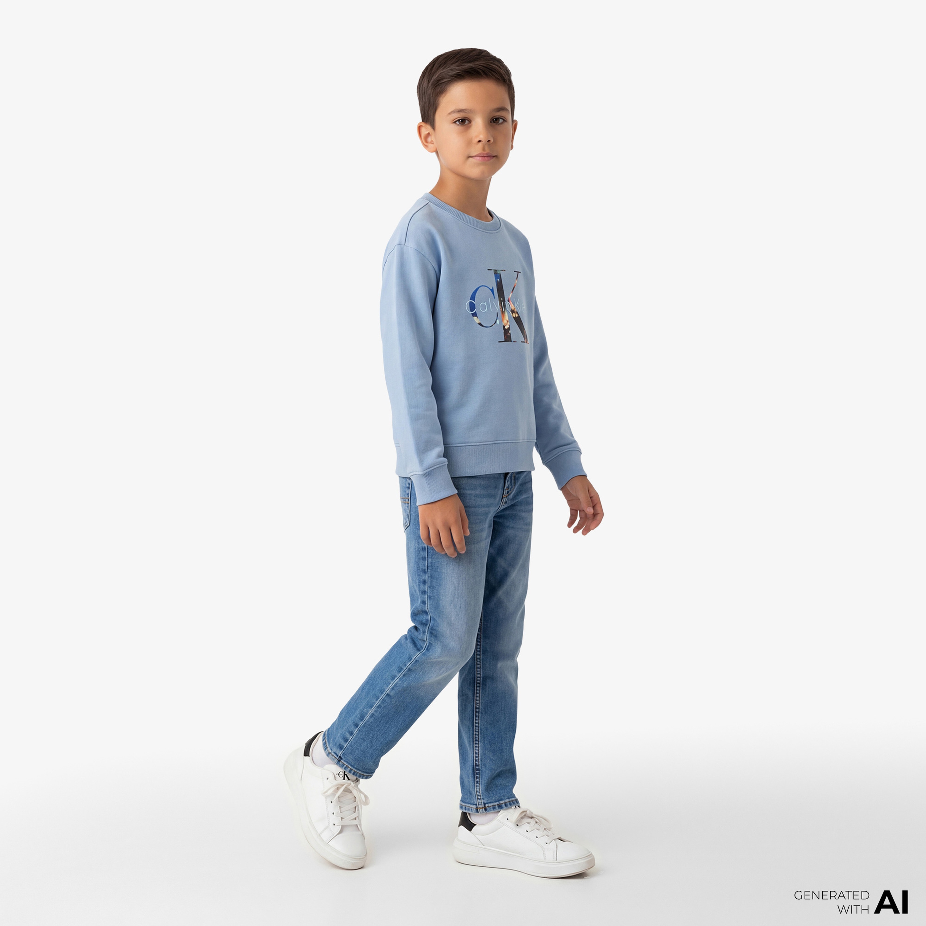 Calvin Klein Filled-In Photo Fleece Mono Çocuk Mavi Sweatshirt