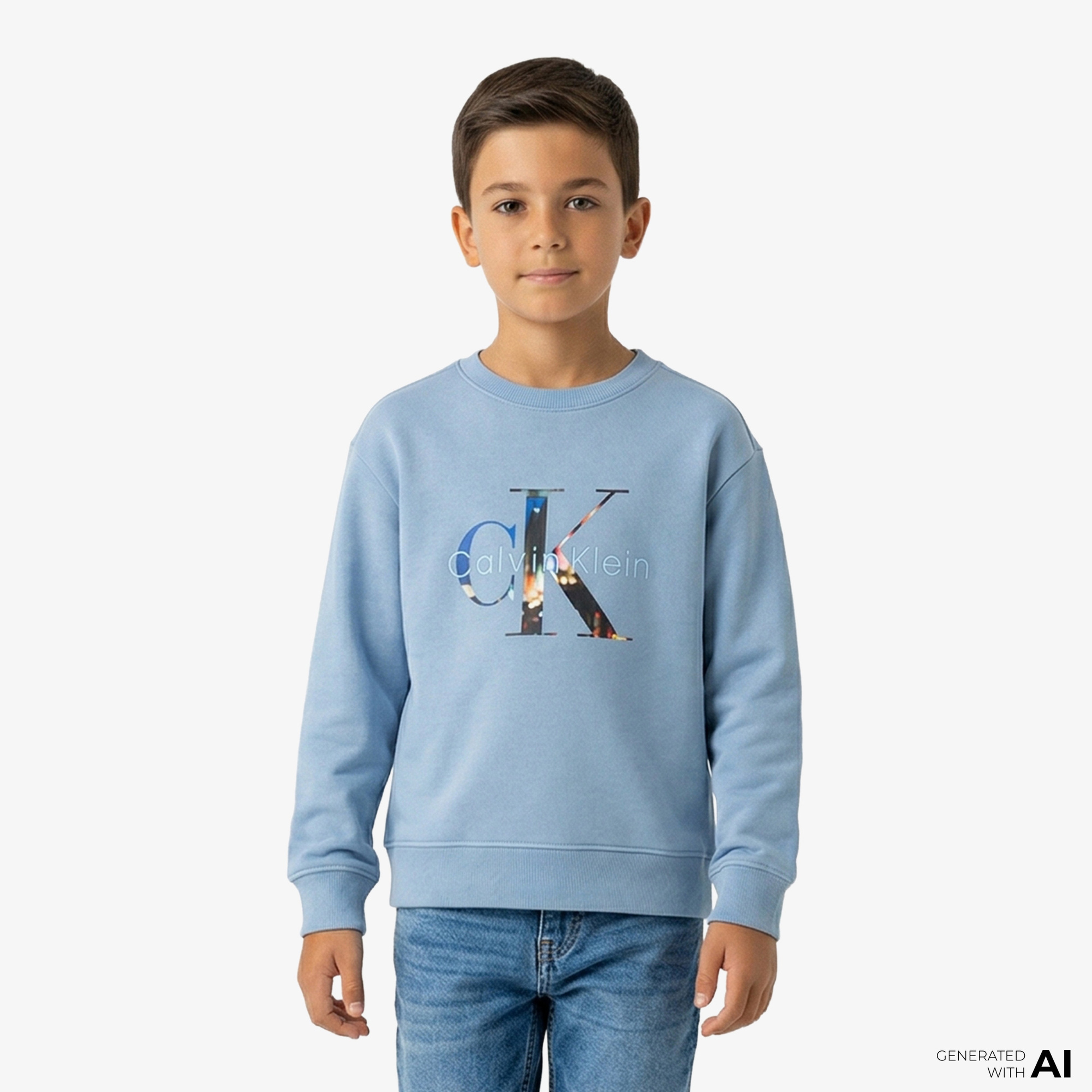 Calvin Klein Filled-In Photo Fleece Mono Çocuk Mavi Sweatshirt