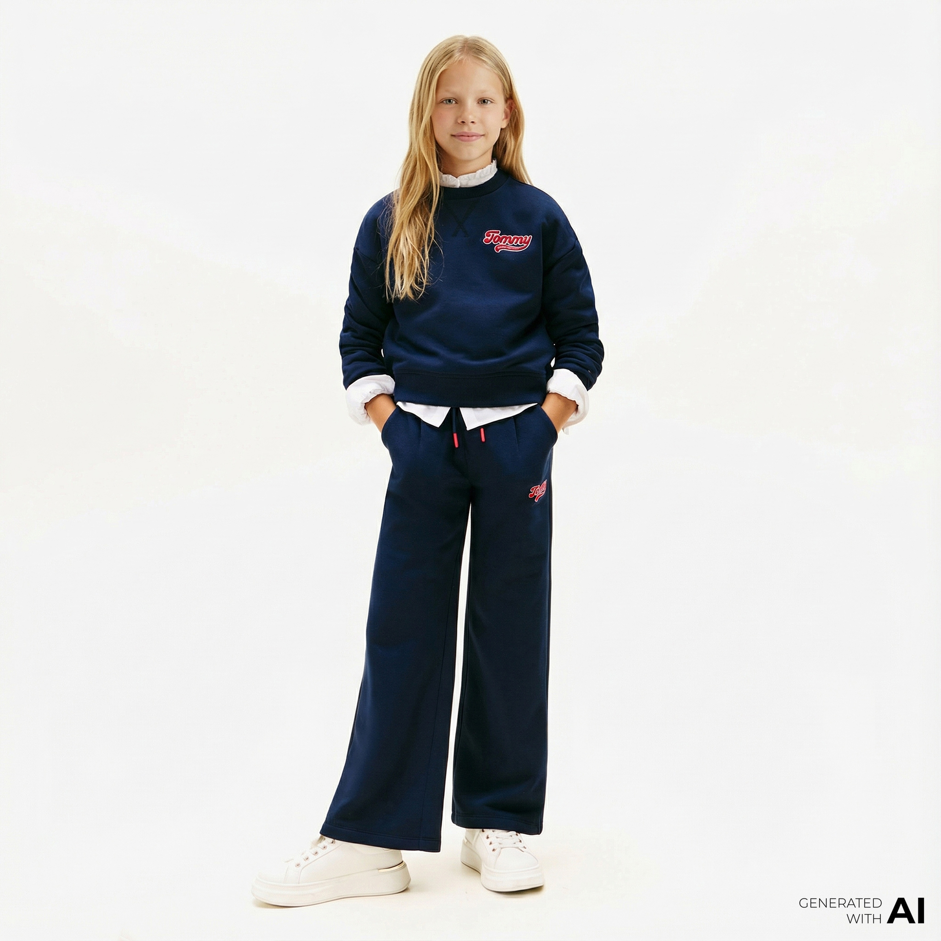 Tommy Hilfiger Wide Leg Varsity Flock Çocuk Lacivert Eşofman Altı