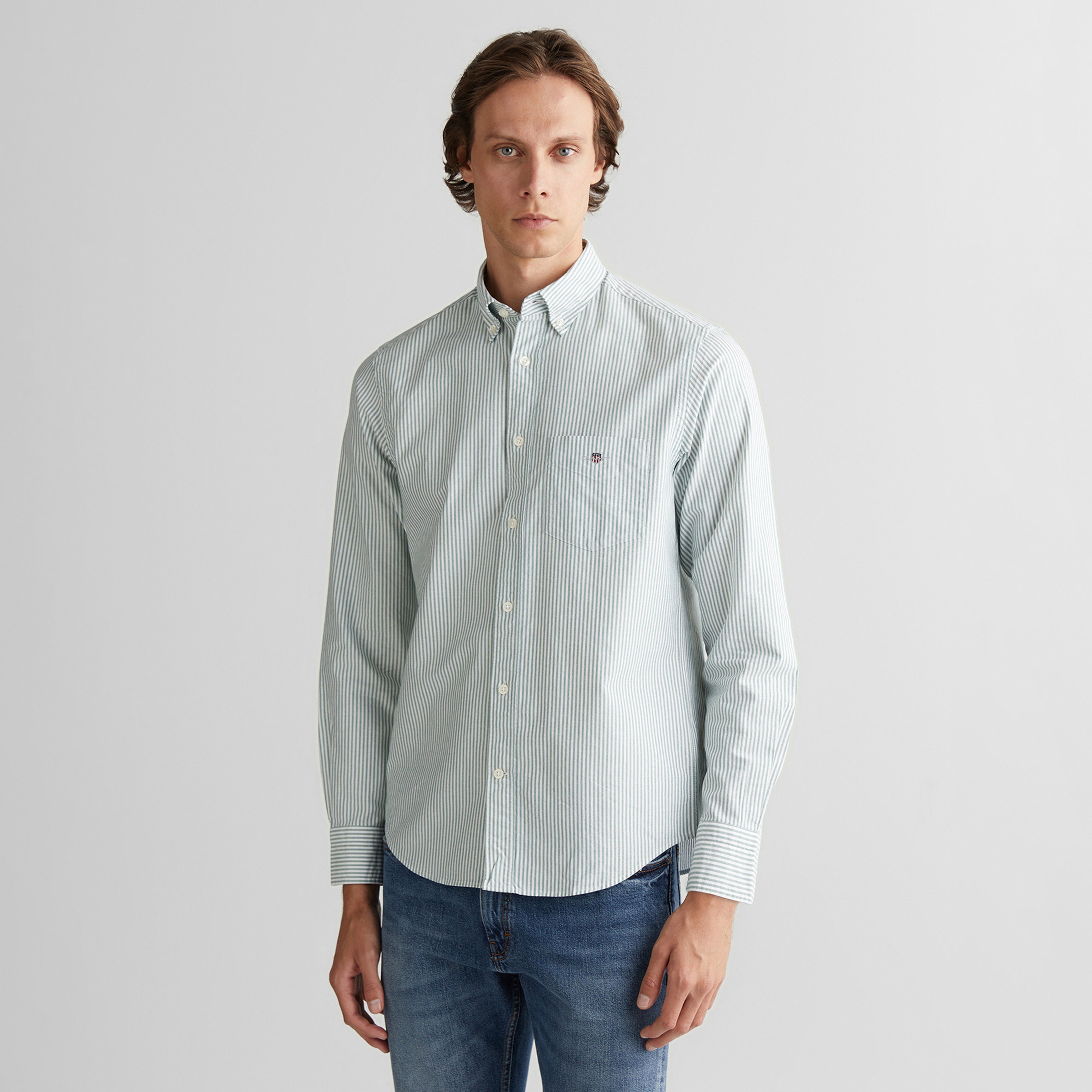GANT Erkek Yeşil Regular Fit Düğmeli Yaka Çizgili Oxford Gömlek