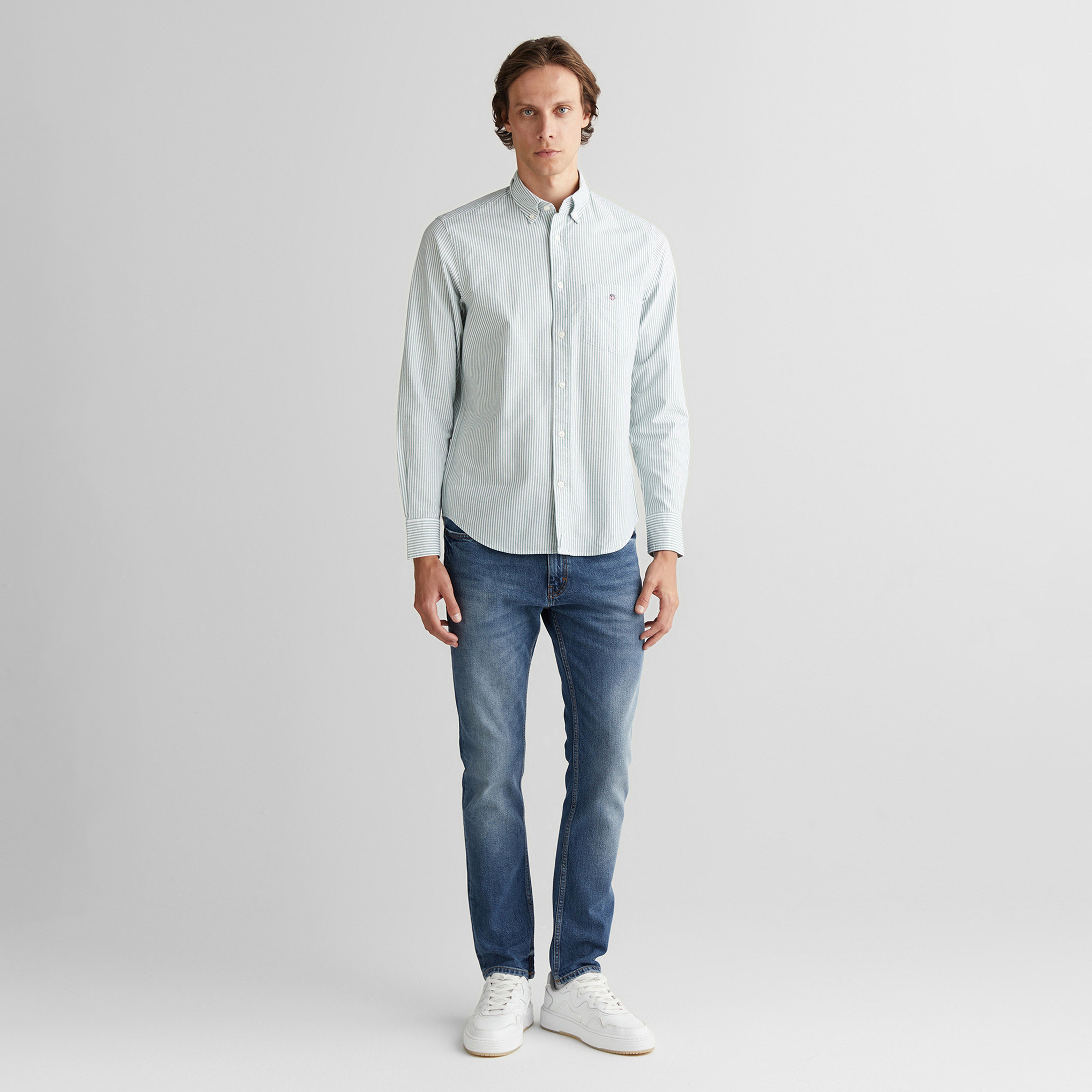 GANT Erkek Yeşil Regular Fit Düğmeli Yaka Çizgili Oxford Gömlek
