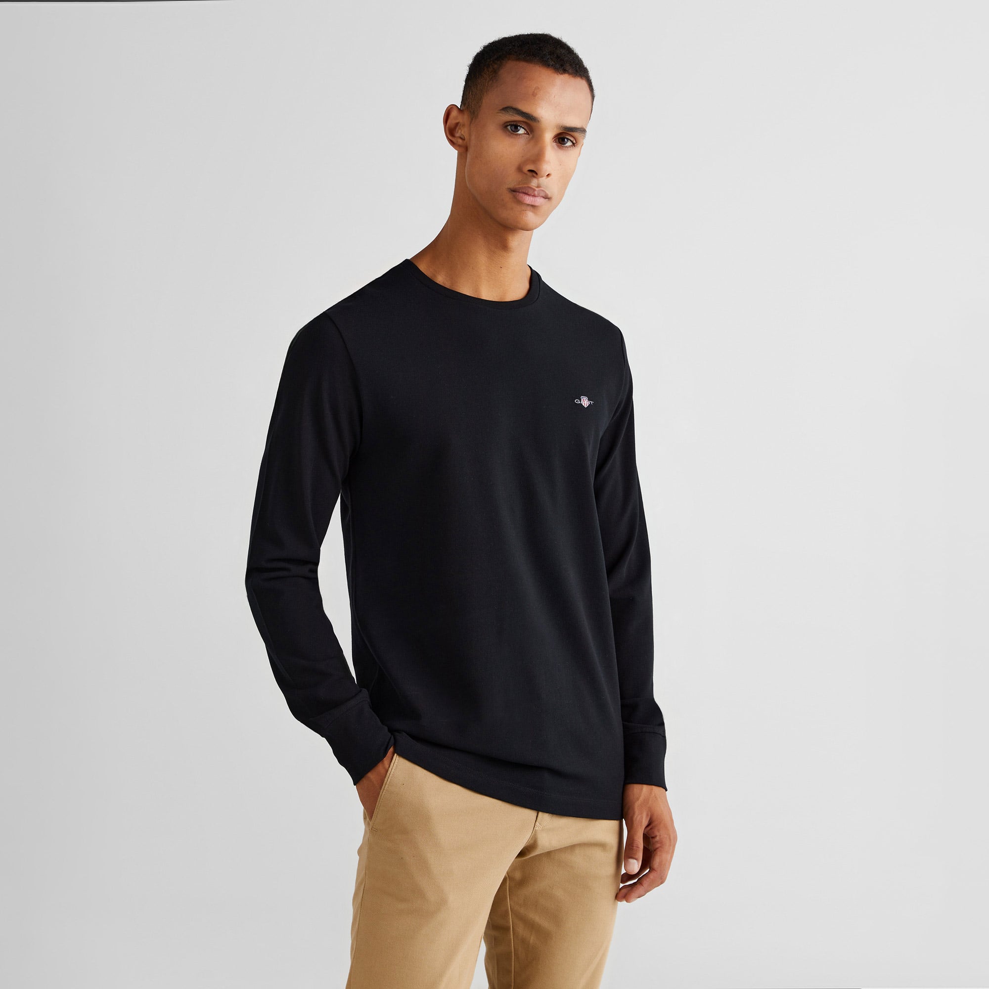 GANT Erkek Siyah Slim Fit Bisiklet Yaka Uzun Kollu T-Shirt