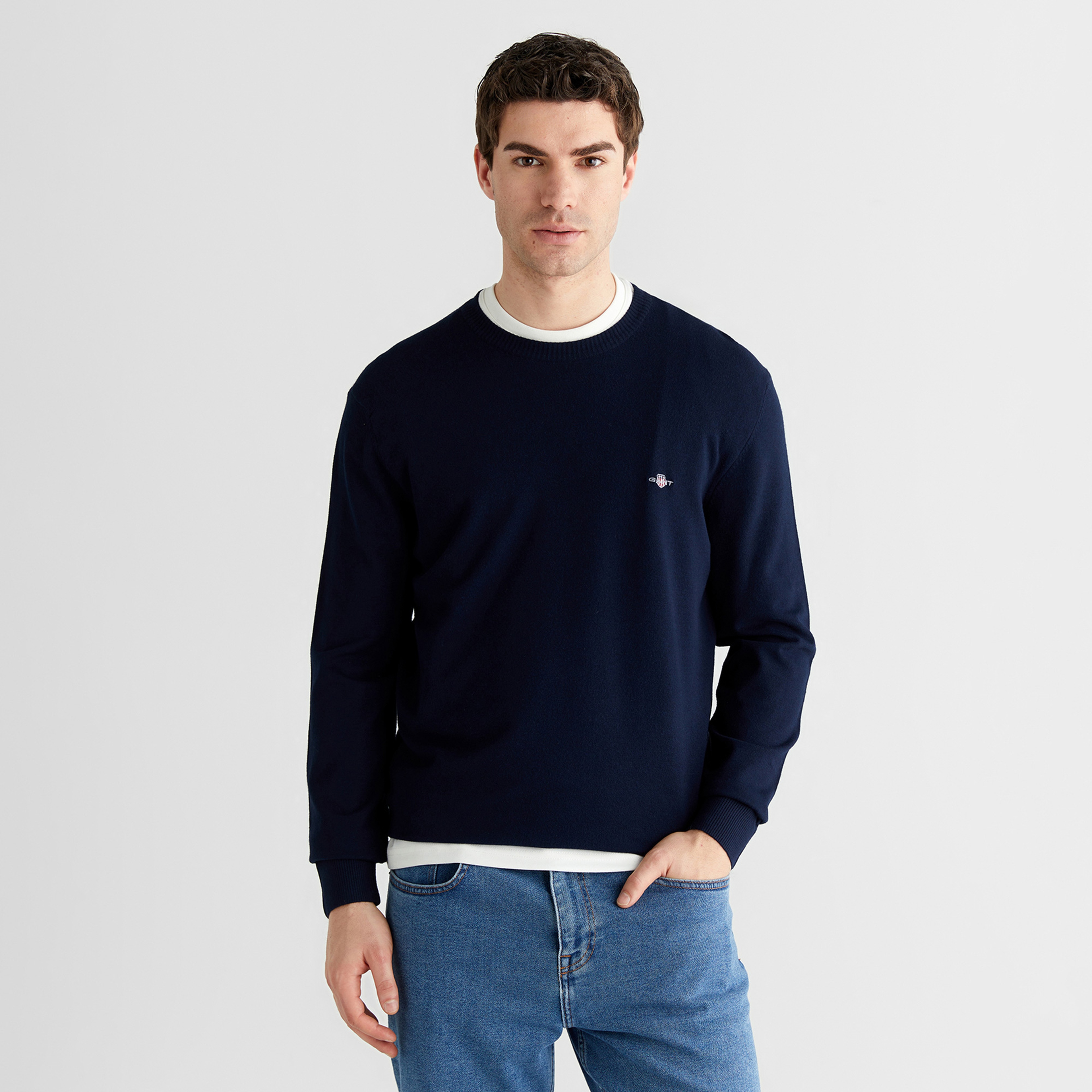 GANT Erkek Lacivert Standart Fit Bisiklet Yaka Triko