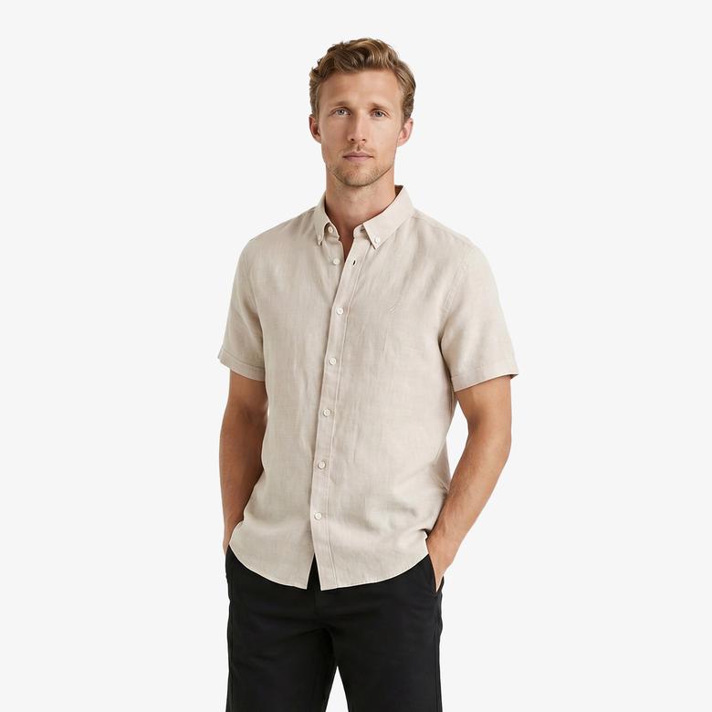 Nautica Erkek Bej Regular Fit Kısa Kollu Keten Gömlek