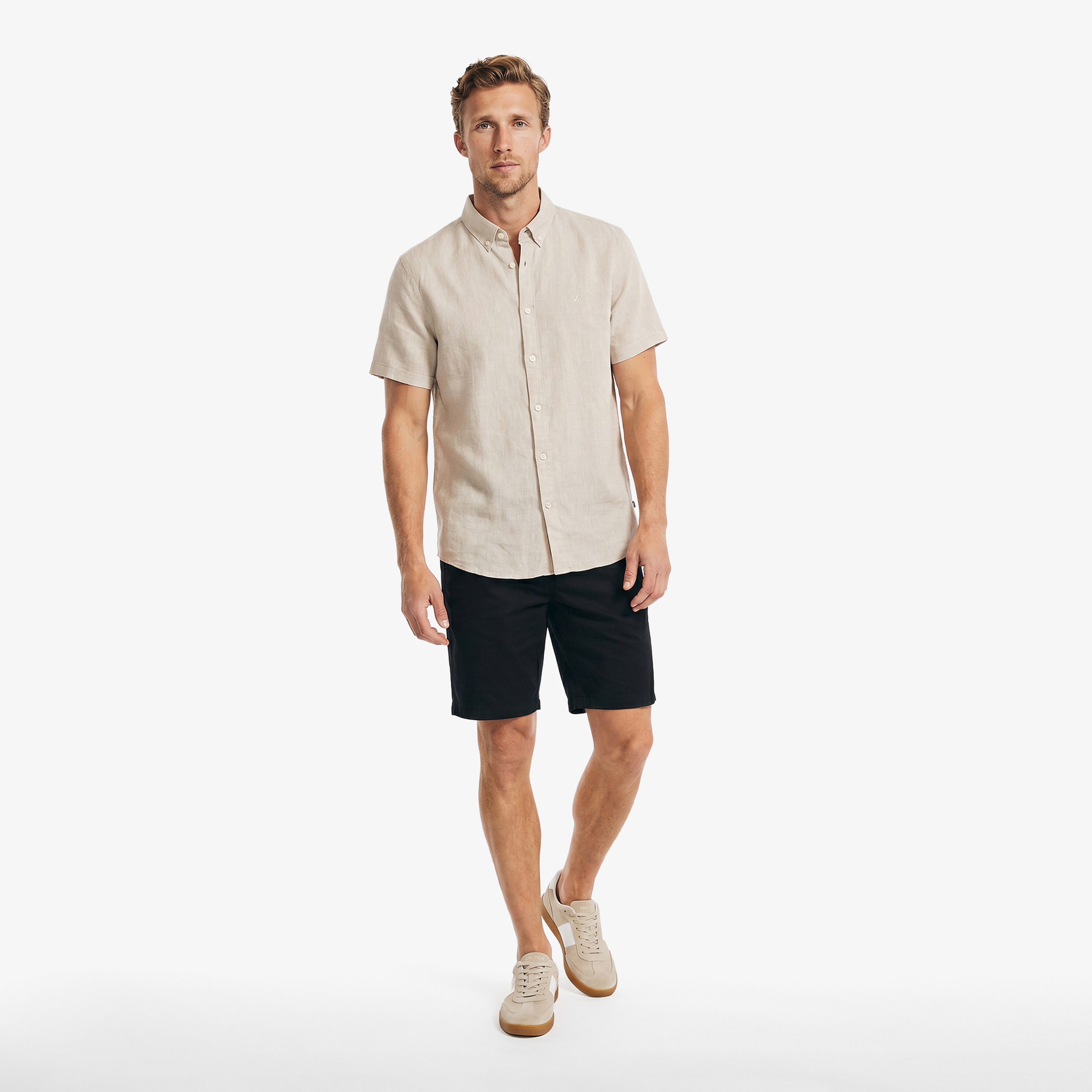 Nautica Erkek Bej Regular Fit Kısa Kollu Keten Gömlek
