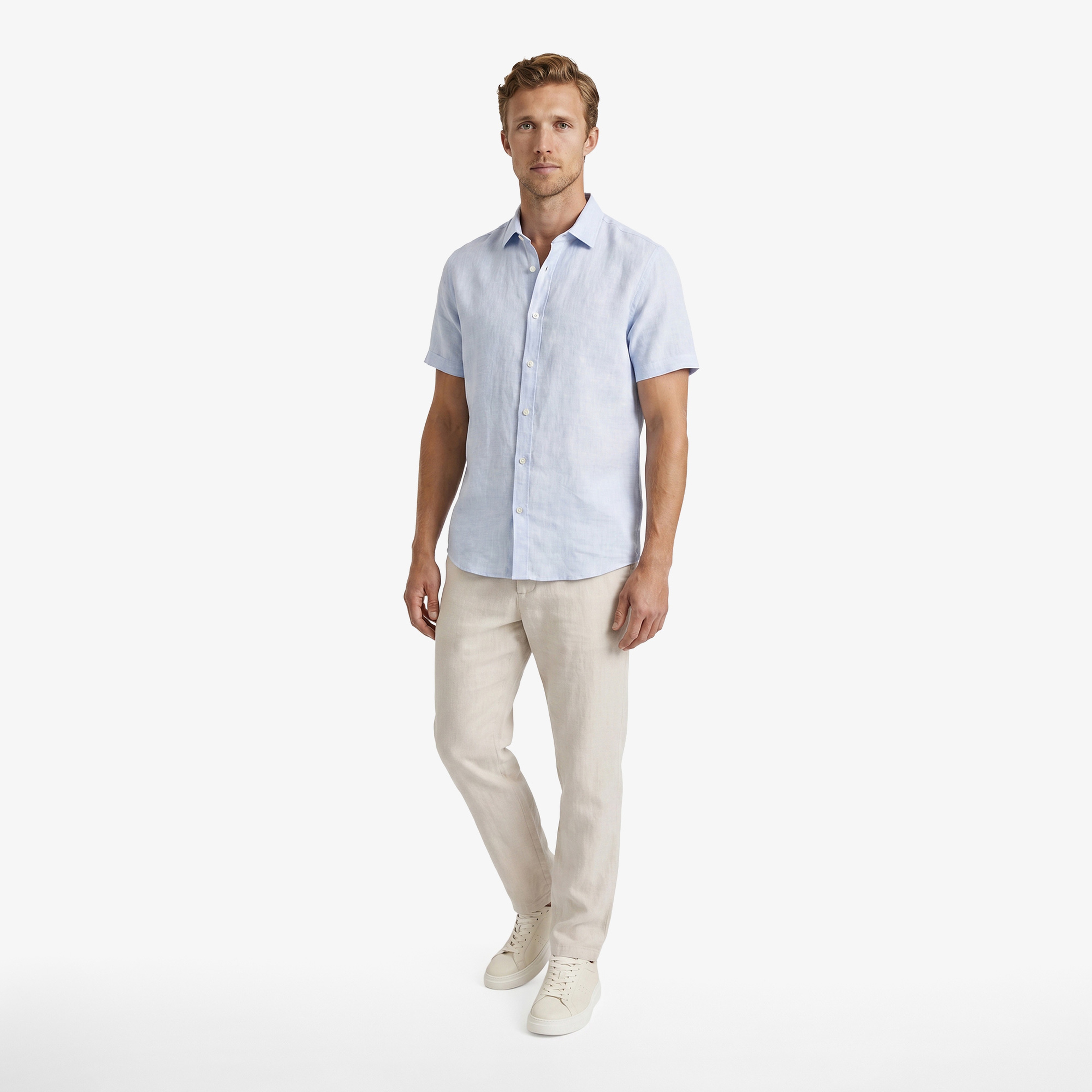 Nautica Erkek Mavi Regular Fit Kısa Kollu Keten Gömlek