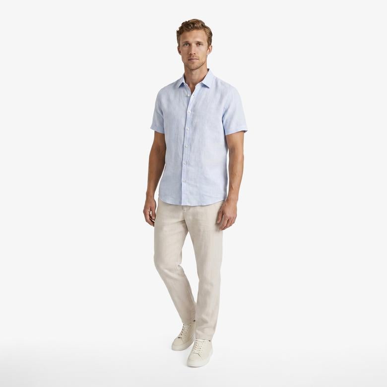 Nautica Erkek Mavi Regular Fit Kısa Kollu Keten Gömlek