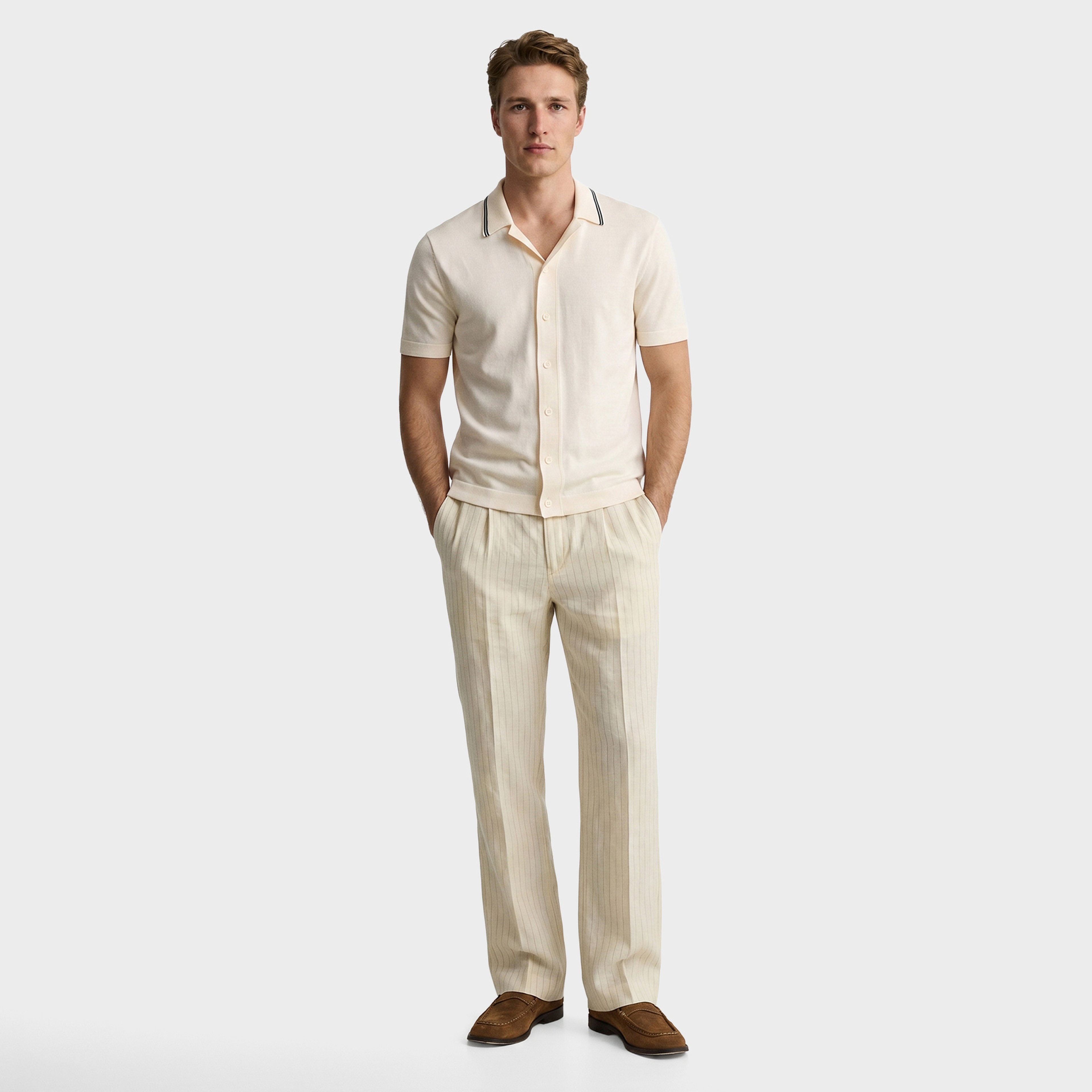 GANT Erkek Krem Regular Fit Çizgili Pantolon