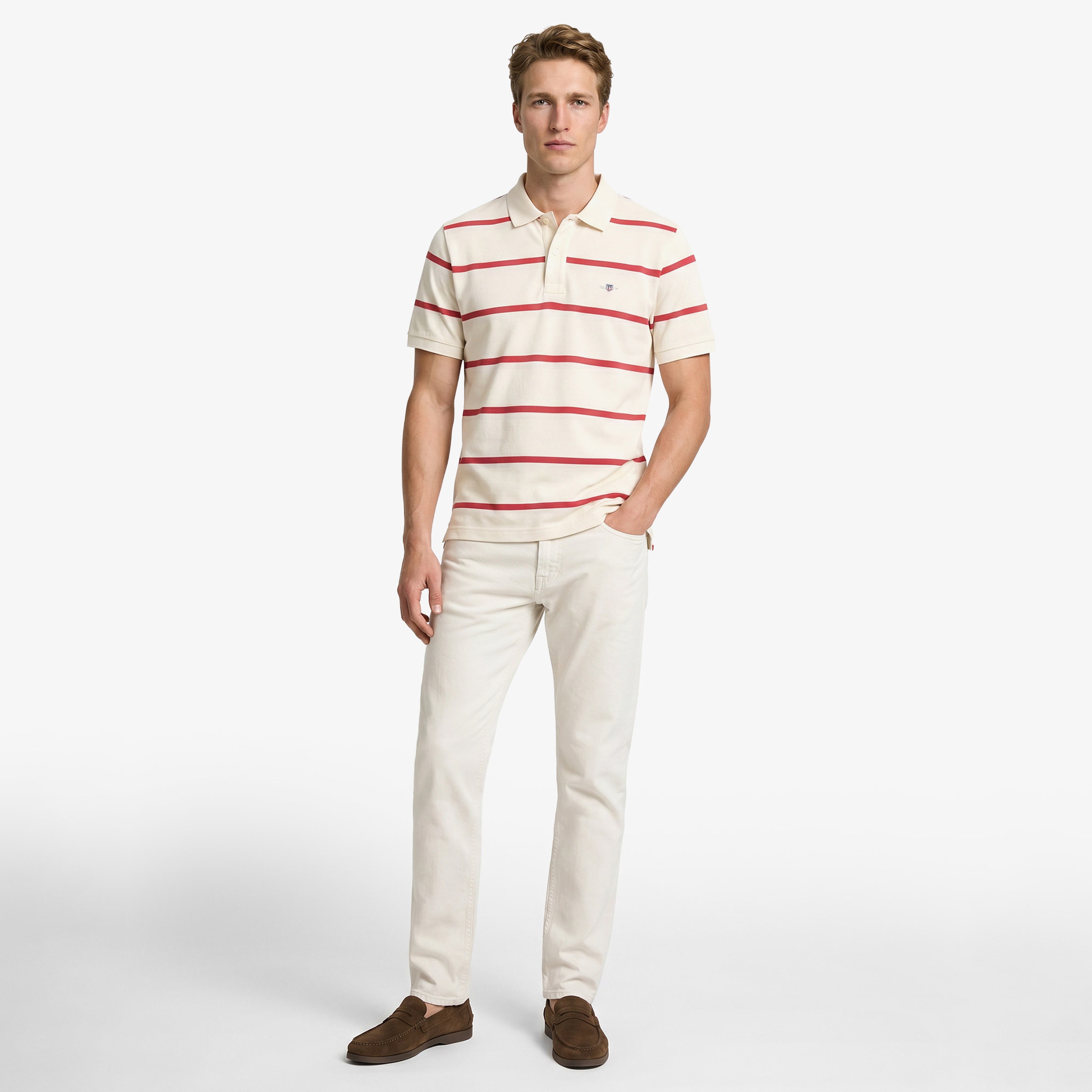 GANT Erkek Krem Regular Fit Çizgili Logolu Polo Yaka T-Shirt