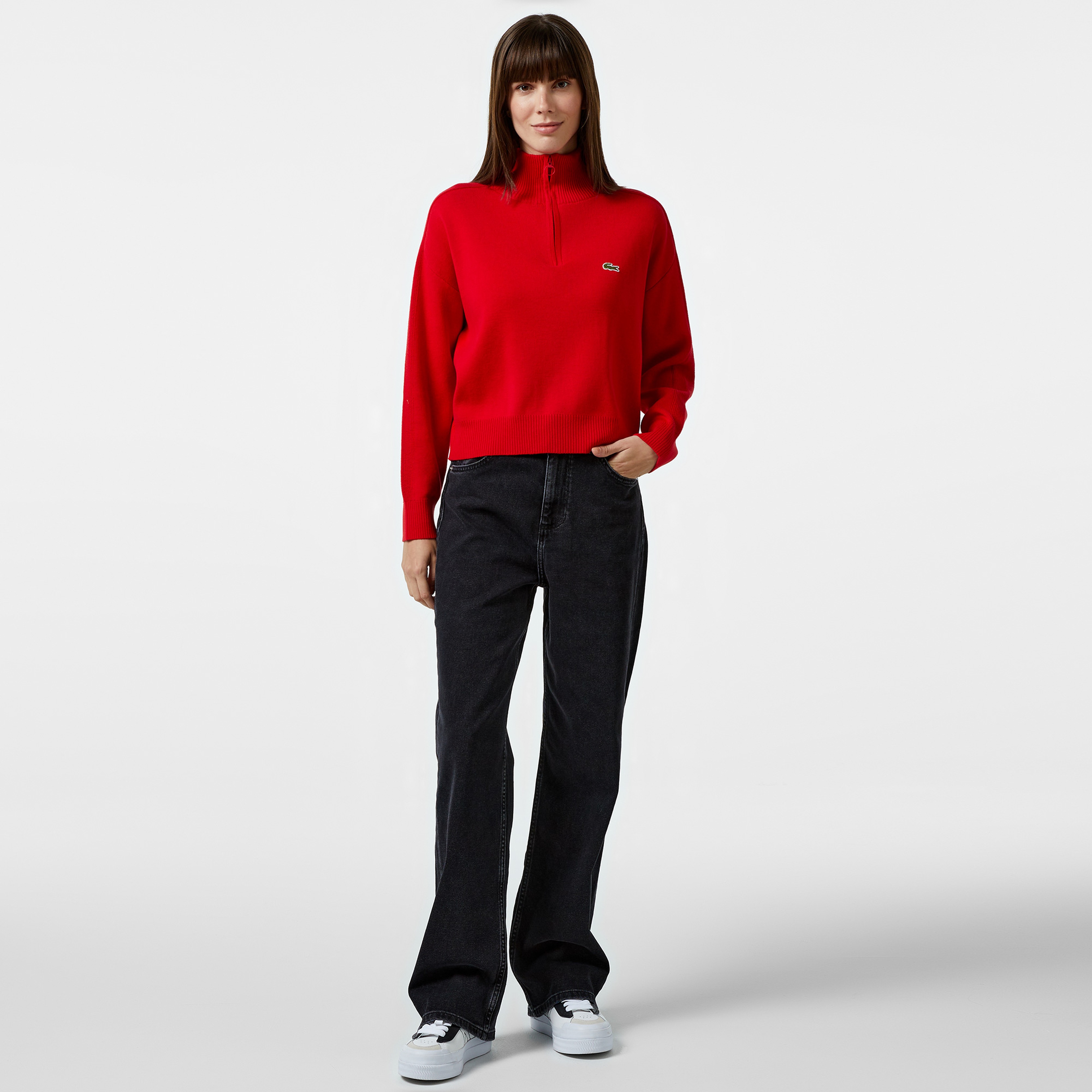 Kadın Relaxed Fit Yarım Fermuarlı Kırmızı Triko
