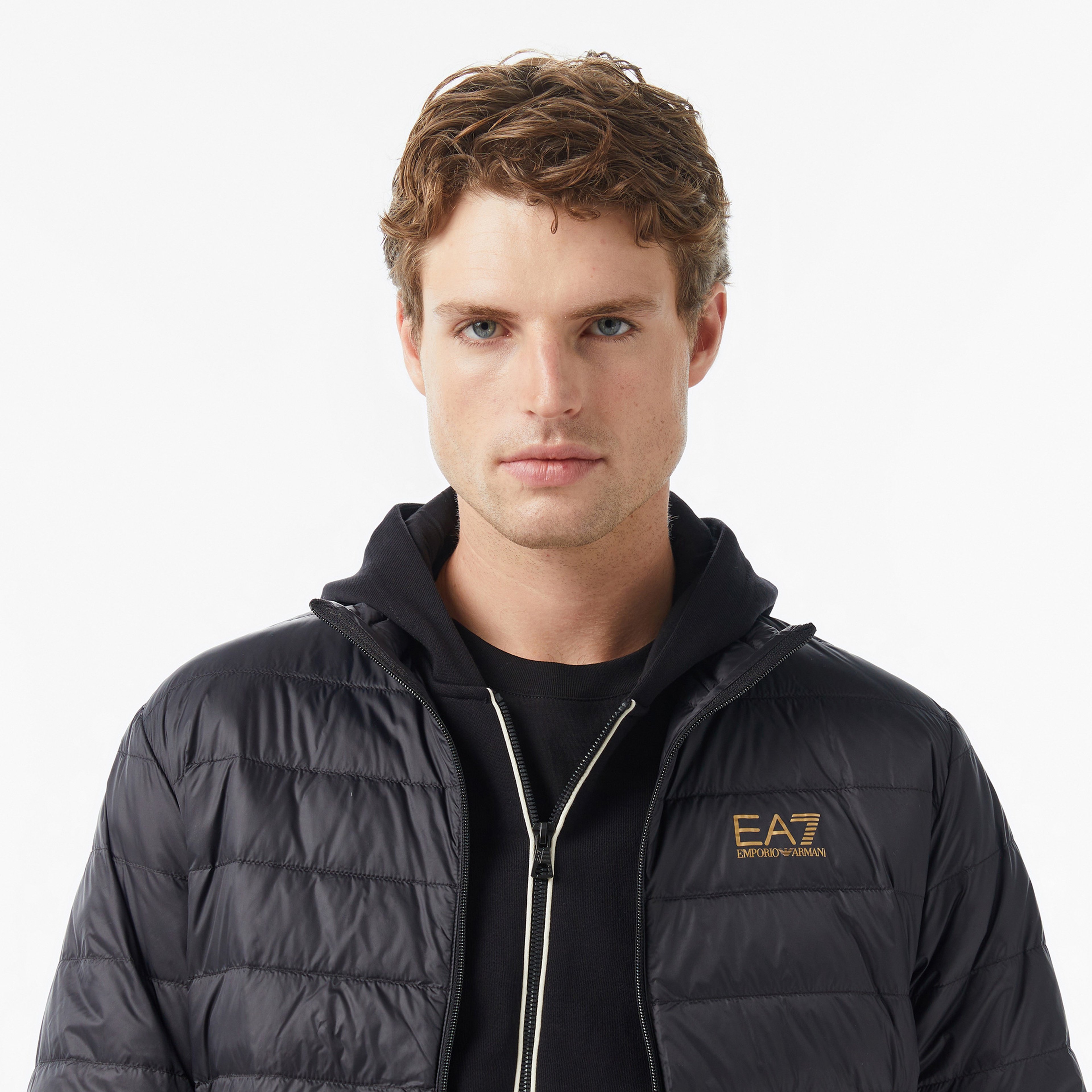 EA7 Logo Print Padded Erkek Siyah Ceket