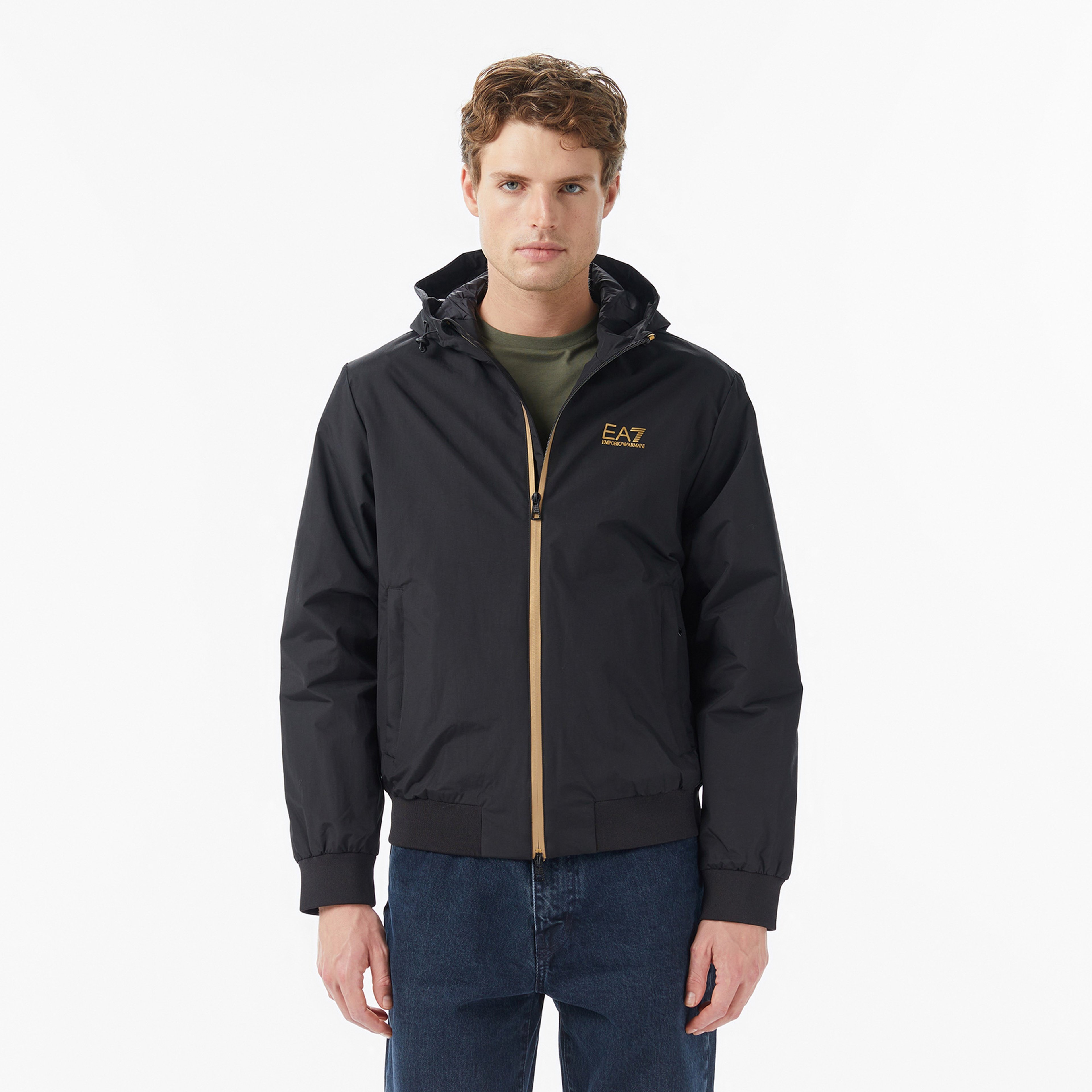 EA7 Logo Print Padded Erkek Siyah Ceket