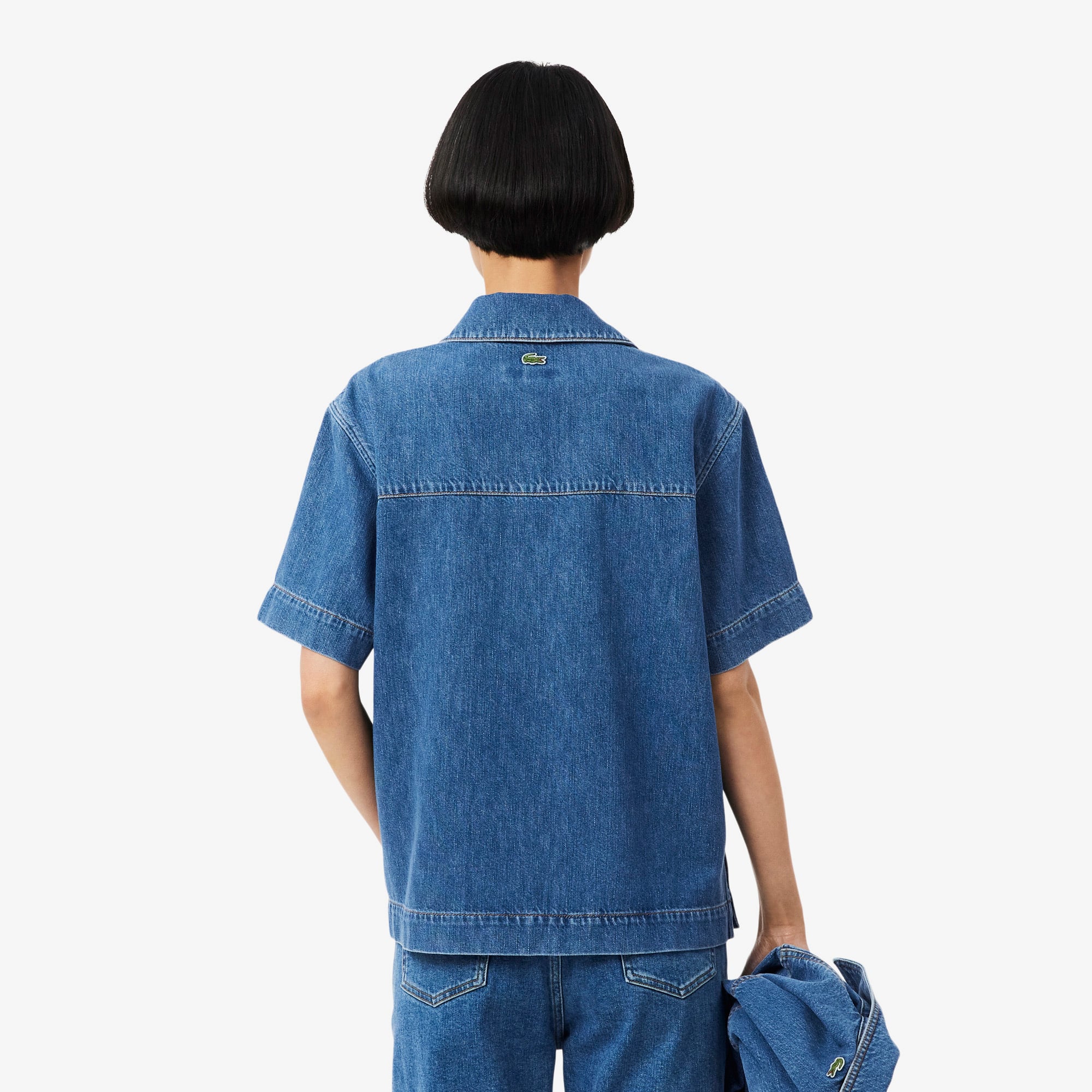 Kadın Oversize Fit Kısa Kollu Polo Yaka Denim Mavi Gömlek