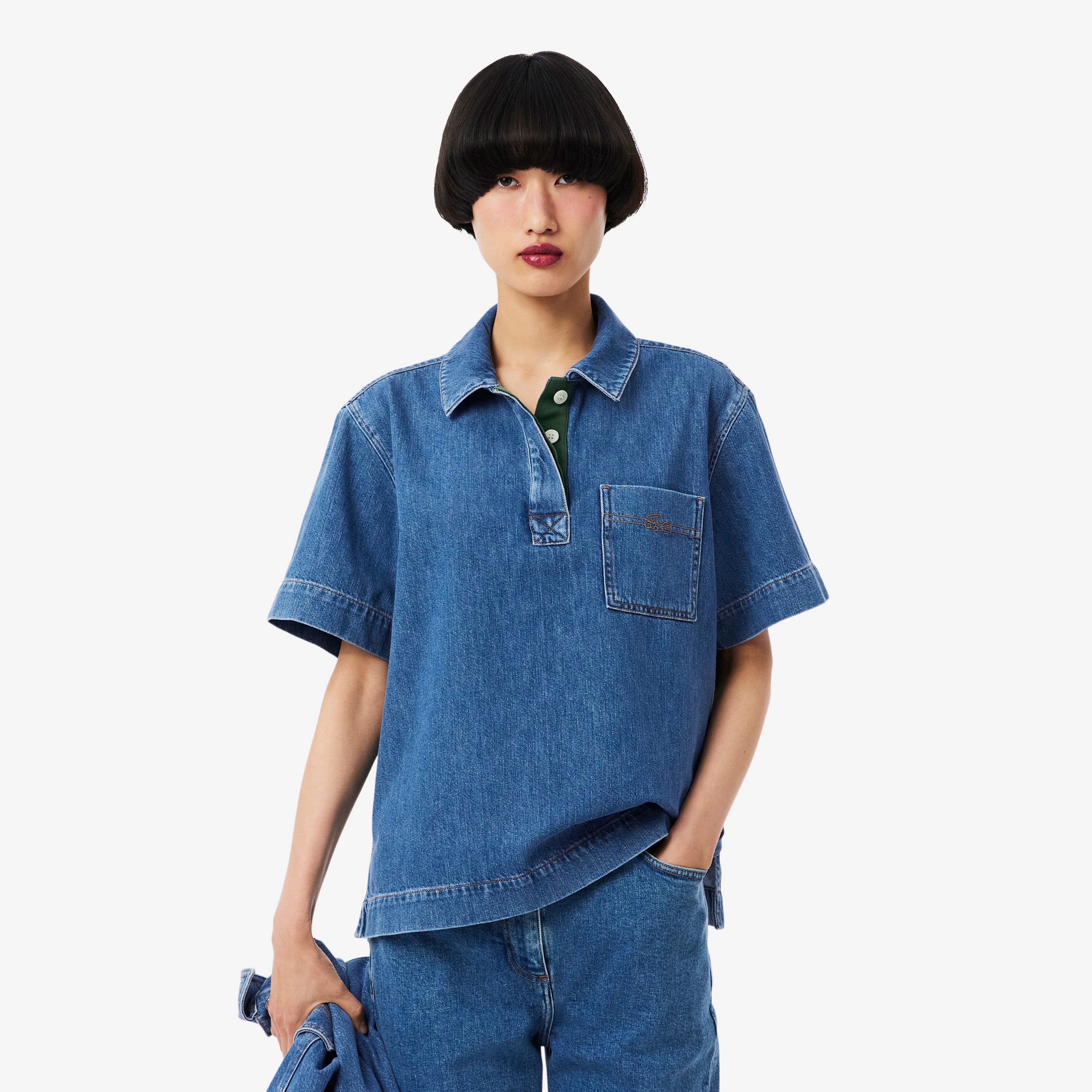 Kadın Oversize Fit Kısa Kollu Polo Yaka Denim Mavi Gömlek