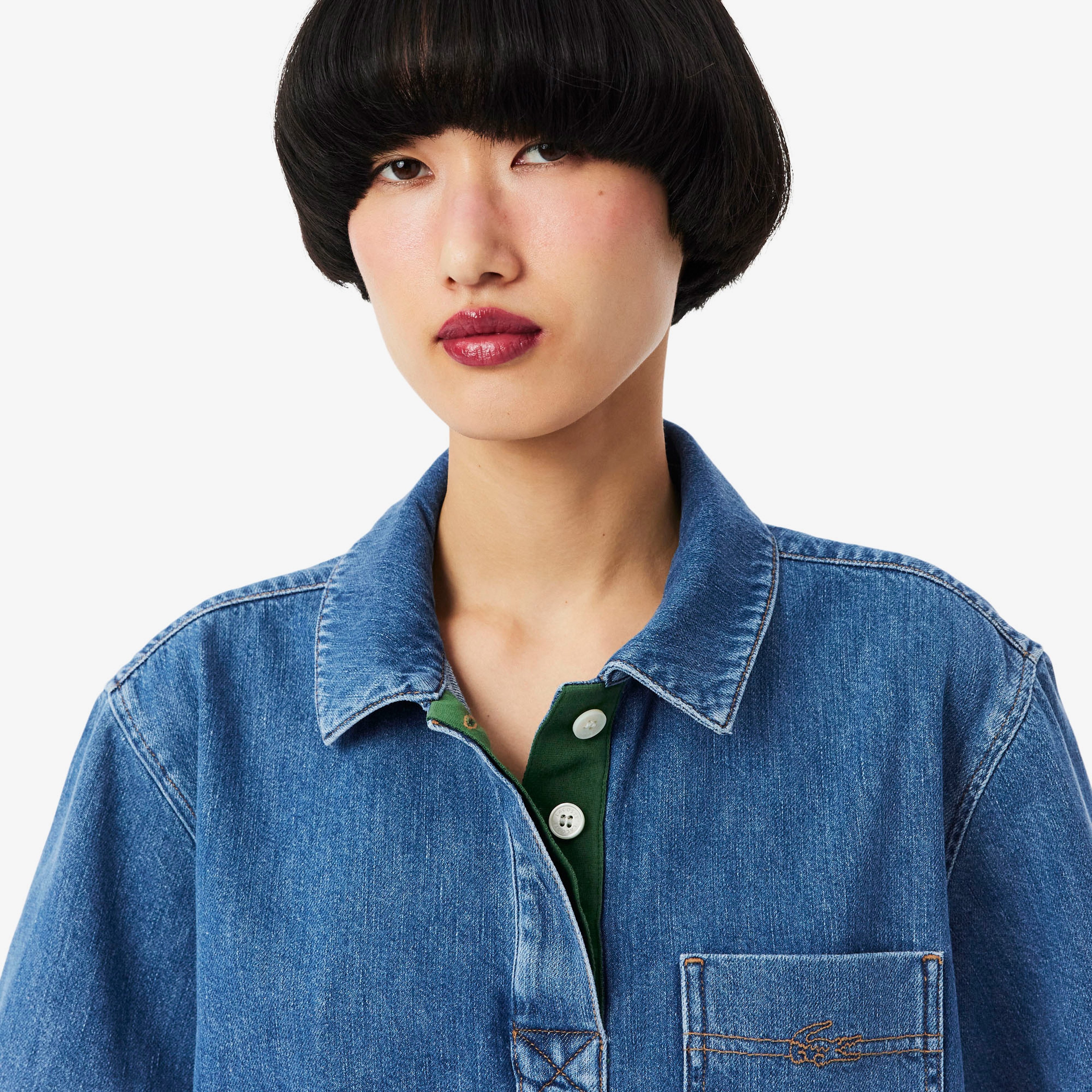 Kadın Oversize Fit Kısa Kollu Polo Yaka Denim Mavi Gömlek