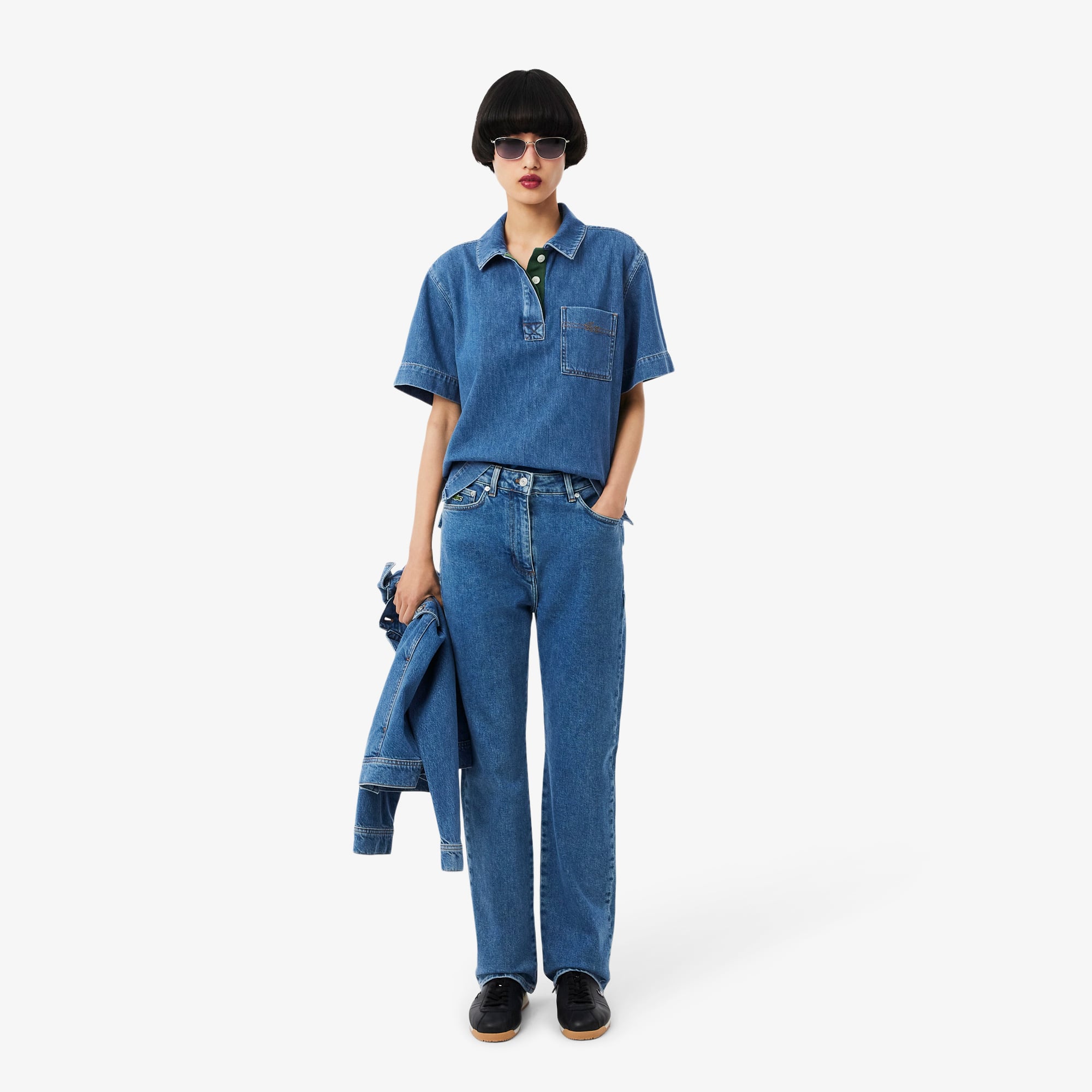 Kadın Oversize Fit Kısa Kollu Polo Yaka Denim Mavi Gömlek
