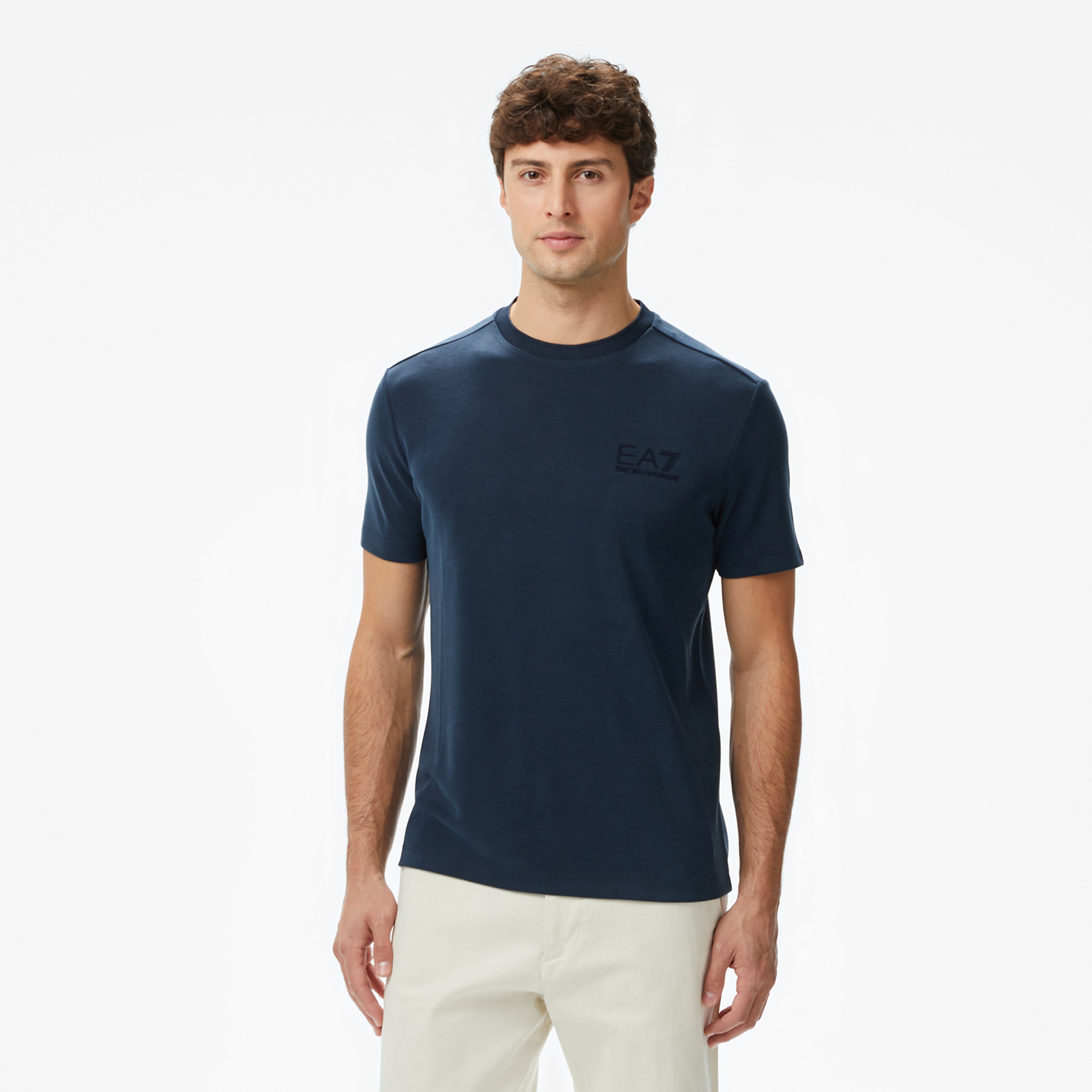 EA7 Logo Print Erkek Mavi T-Shirt