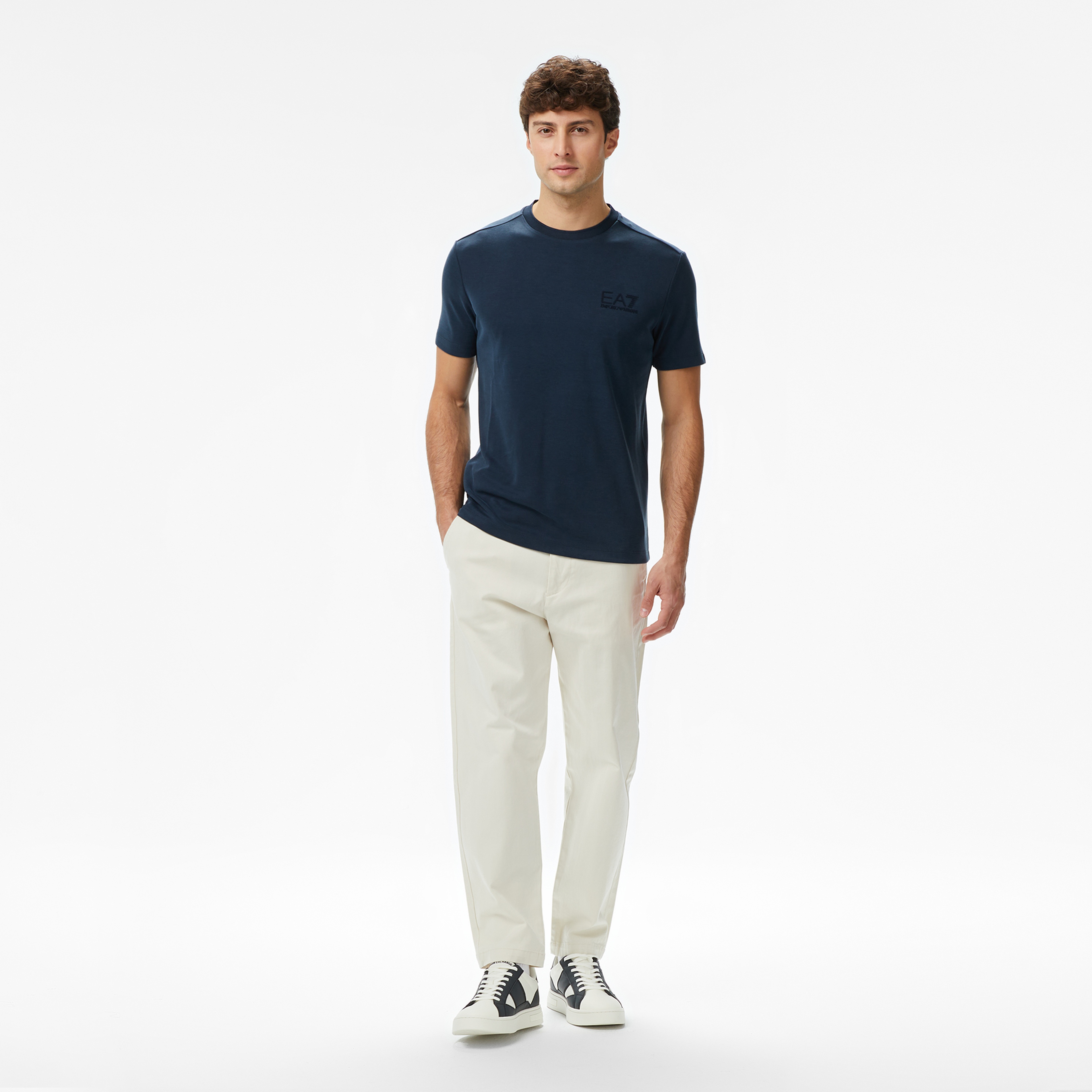 EA7 Logo Print Erkek Mavi T-Shirt