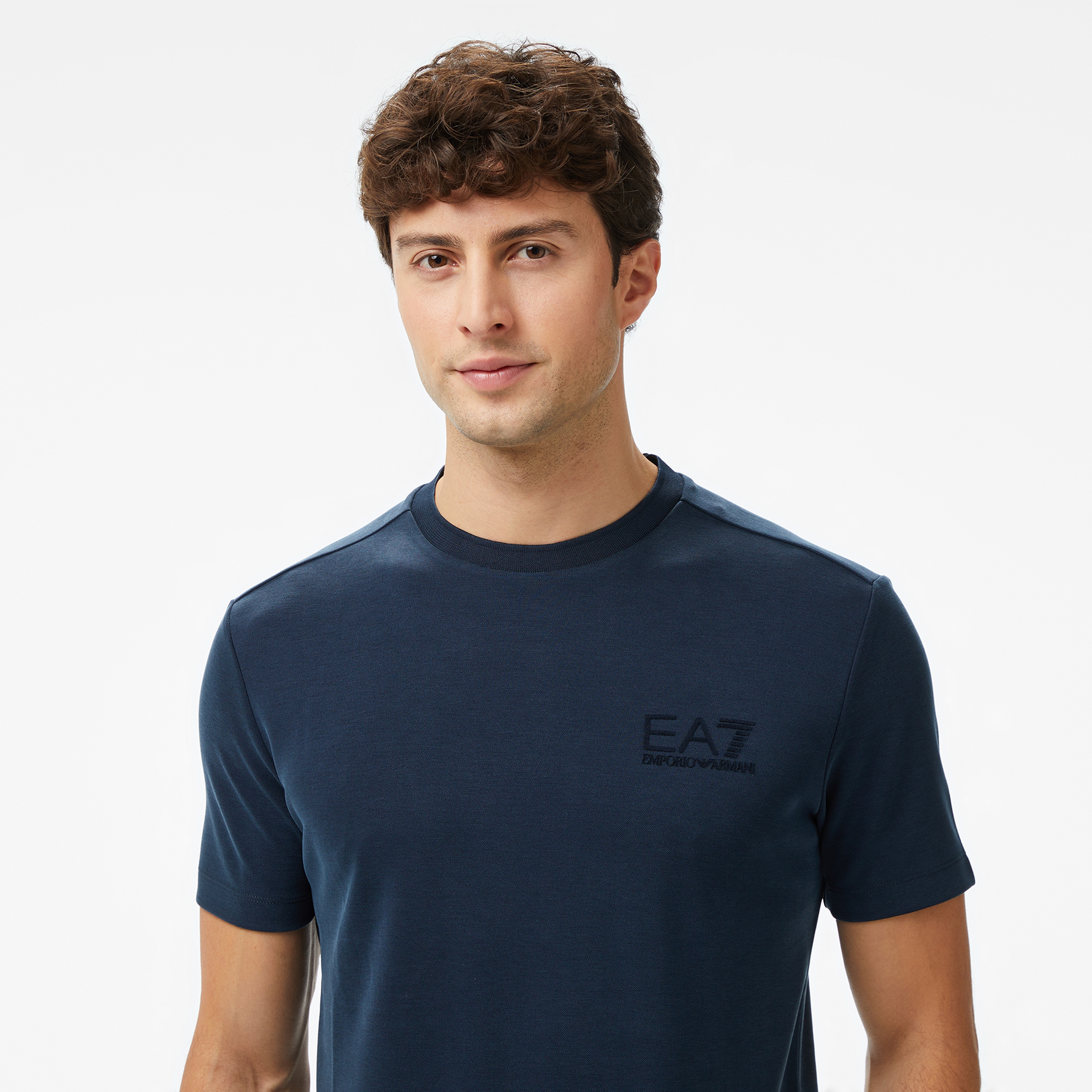 EA7 Logo Print Erkek Mavi T-Shirt