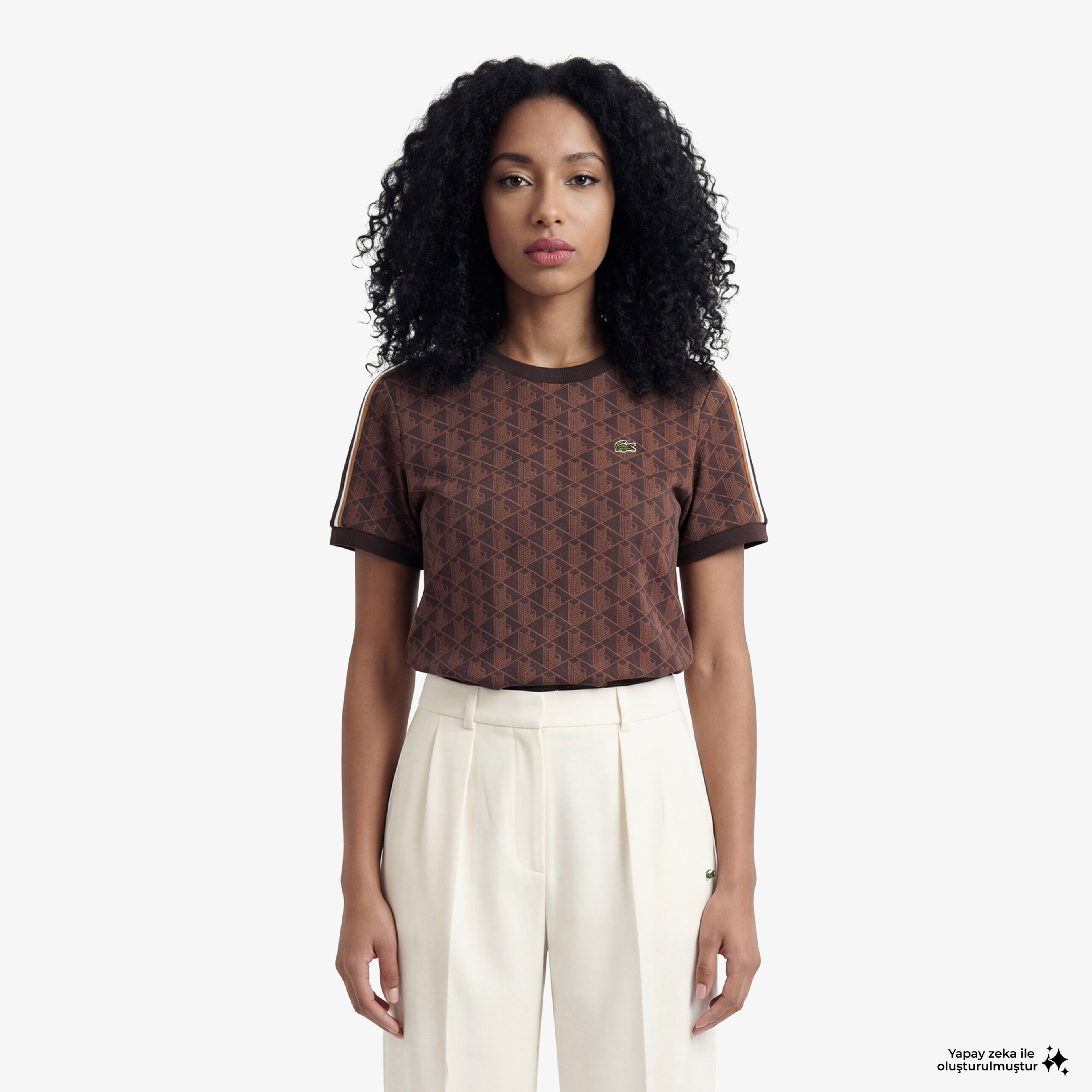 Lacoste Monogram Slim Fit Jacquard Kadın Kahverengi T-Shirt