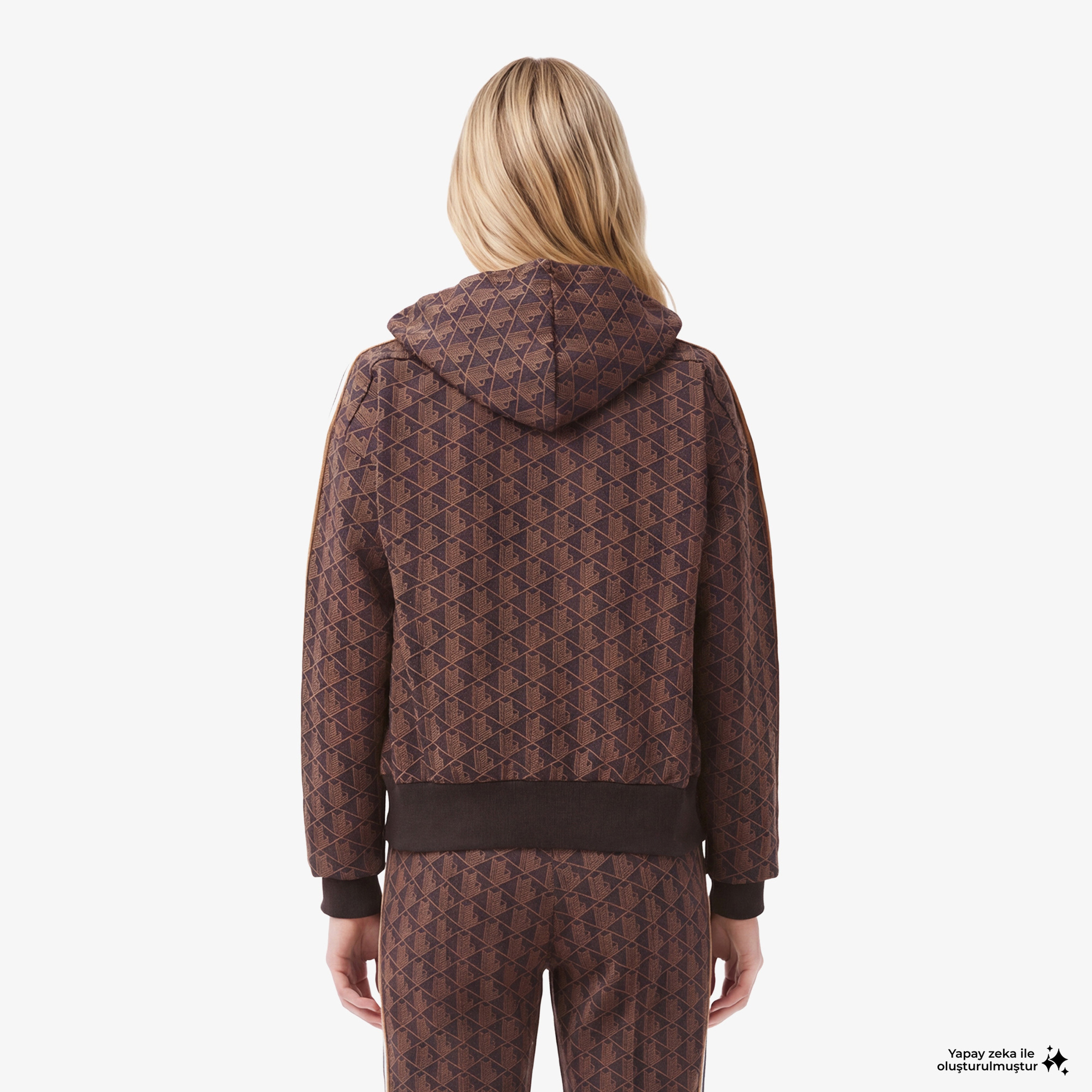 Lacoste Kadın Regular Fit Kapüşonlu Monogram Kahverengi Sweatshirt