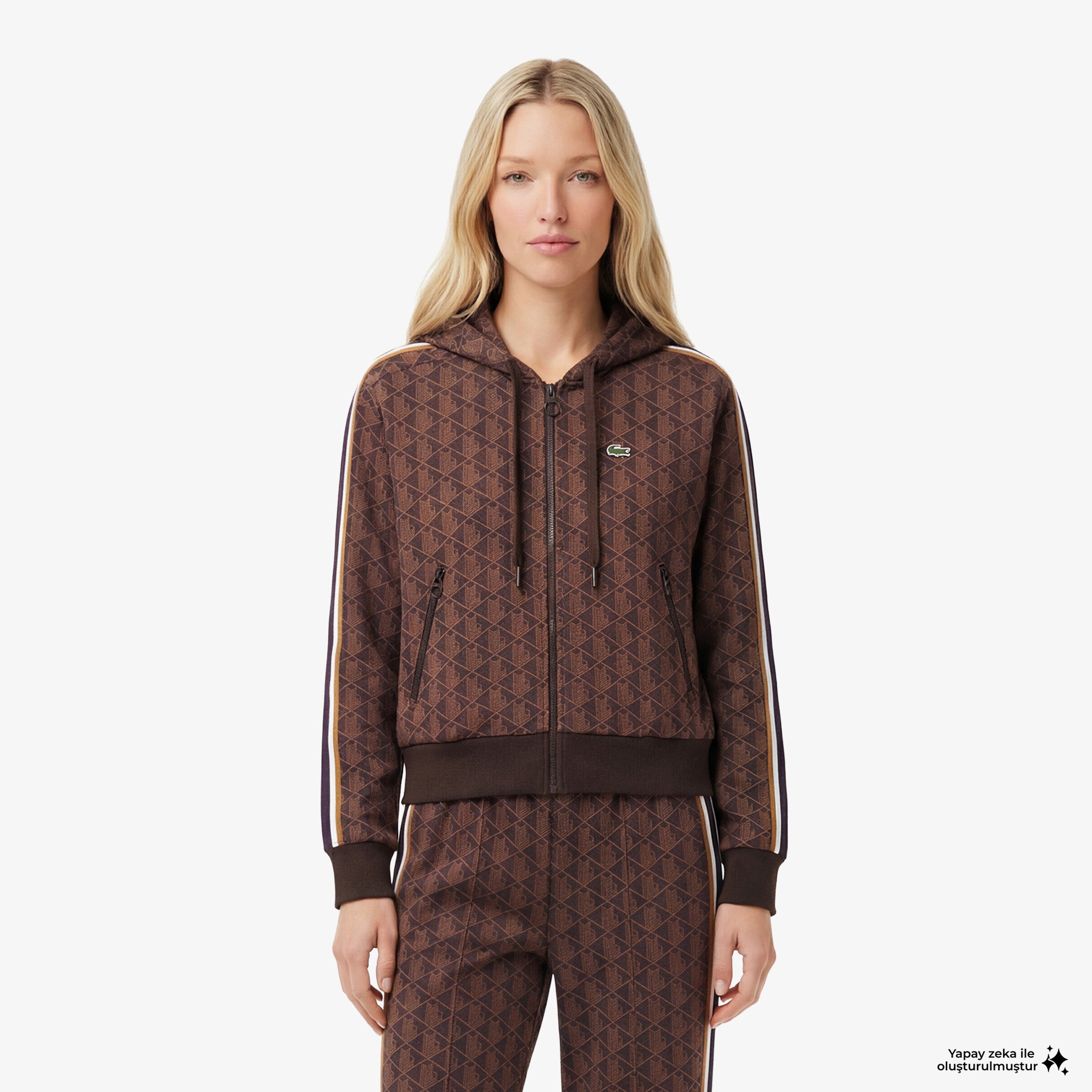 Lacoste Kadın Regular Fit Kapüşonlu Monogram Kahverengi Sweatshirt