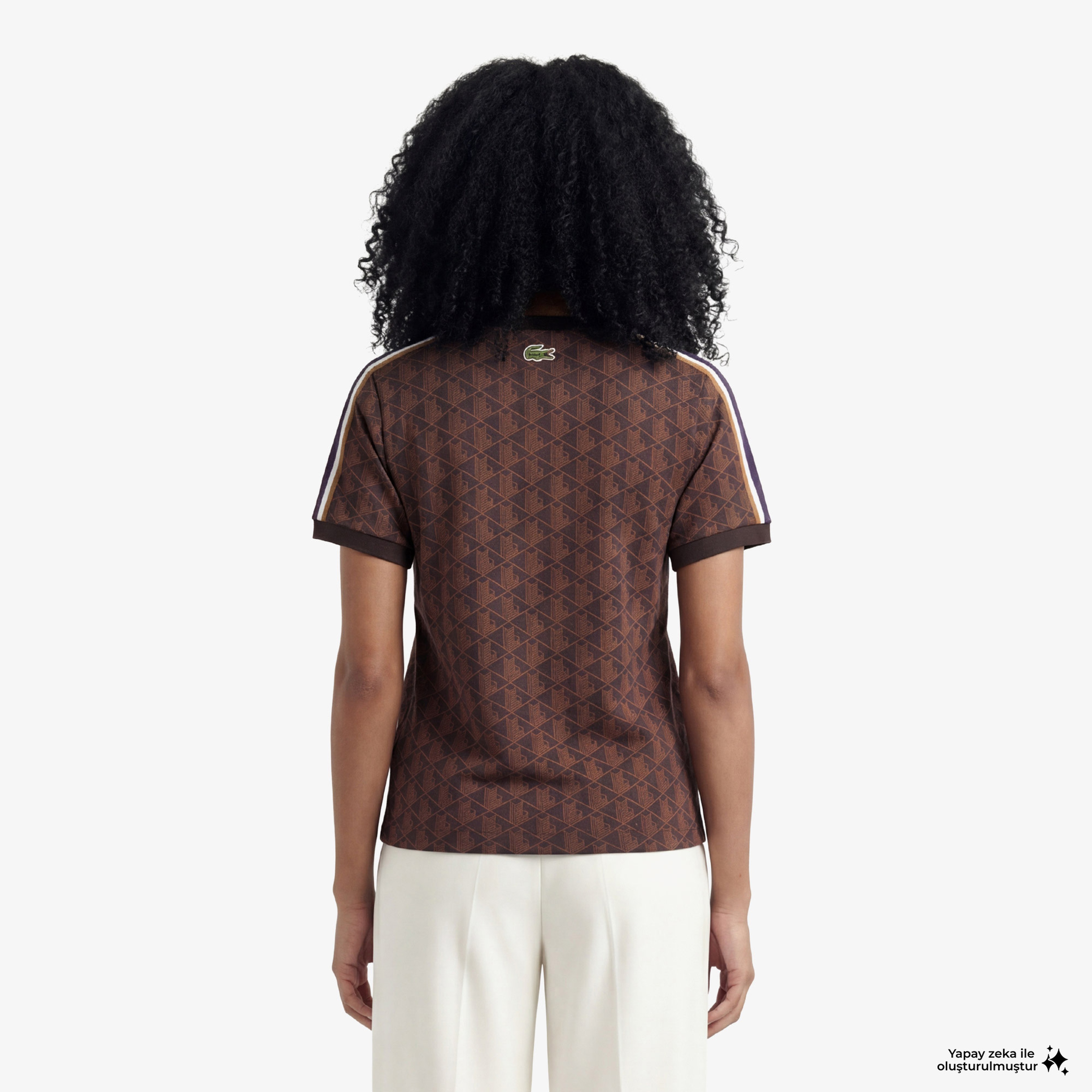 Lacoste Monogram Slim Fit Jacquard Kadın Kahverengi T-Shirt