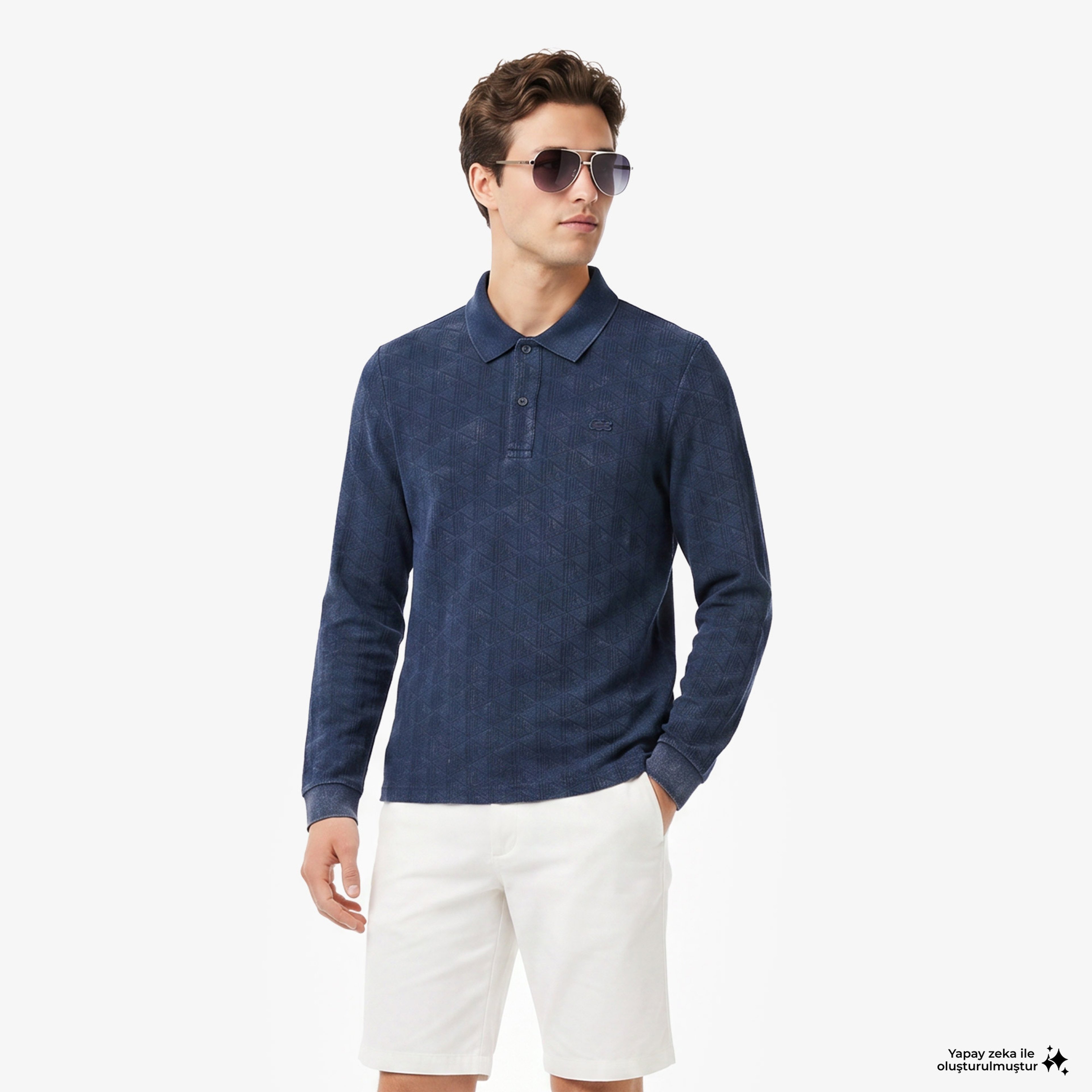 Erkek Regular Fit Uzun Kollu Monogram Lacivert Polo