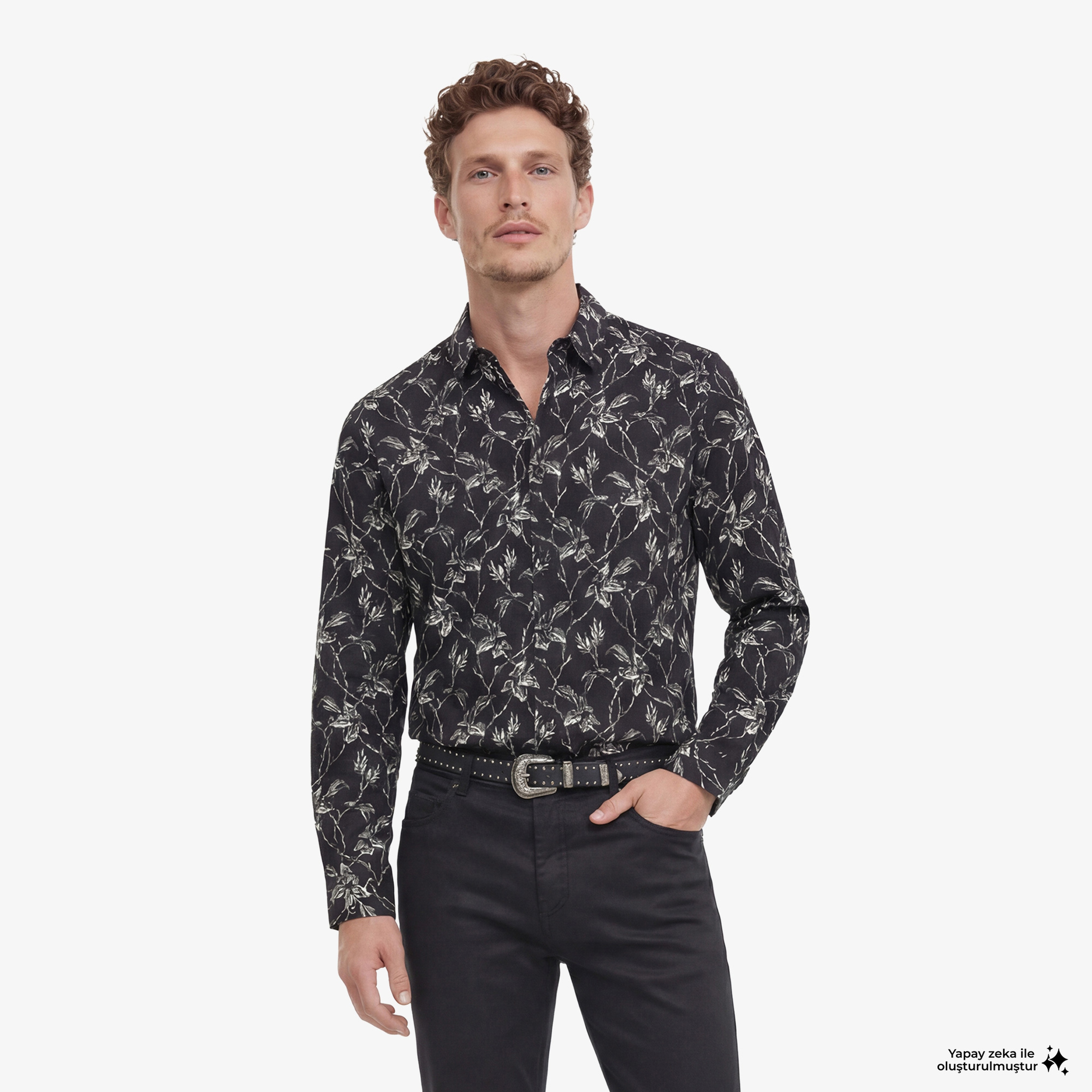 ERKEK STRAIGHT FIT BASKILI SİYAH GÖMLEK