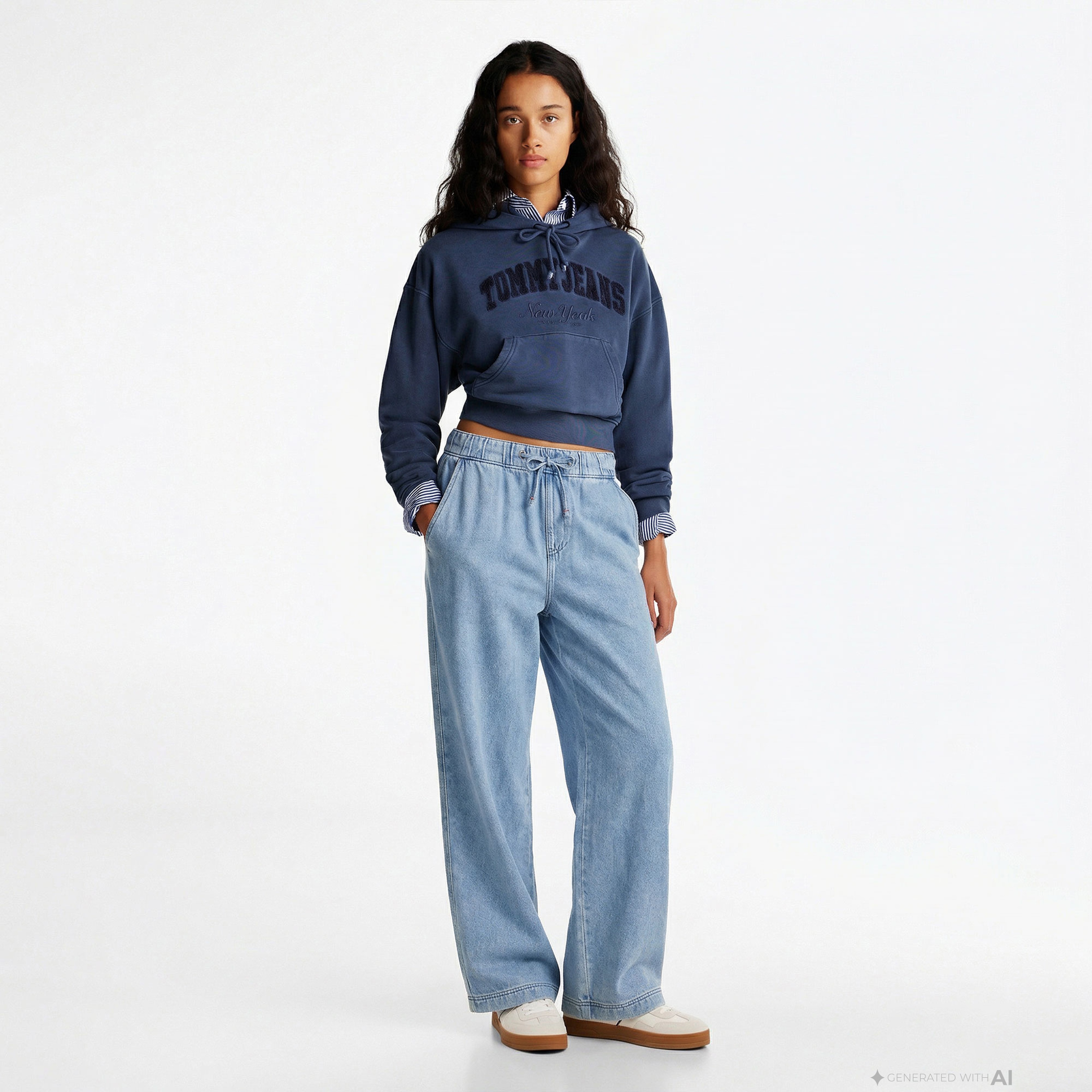 Tommy Hilfiger Twill Denim Long Palazzo Kadın Mavi Pantolon