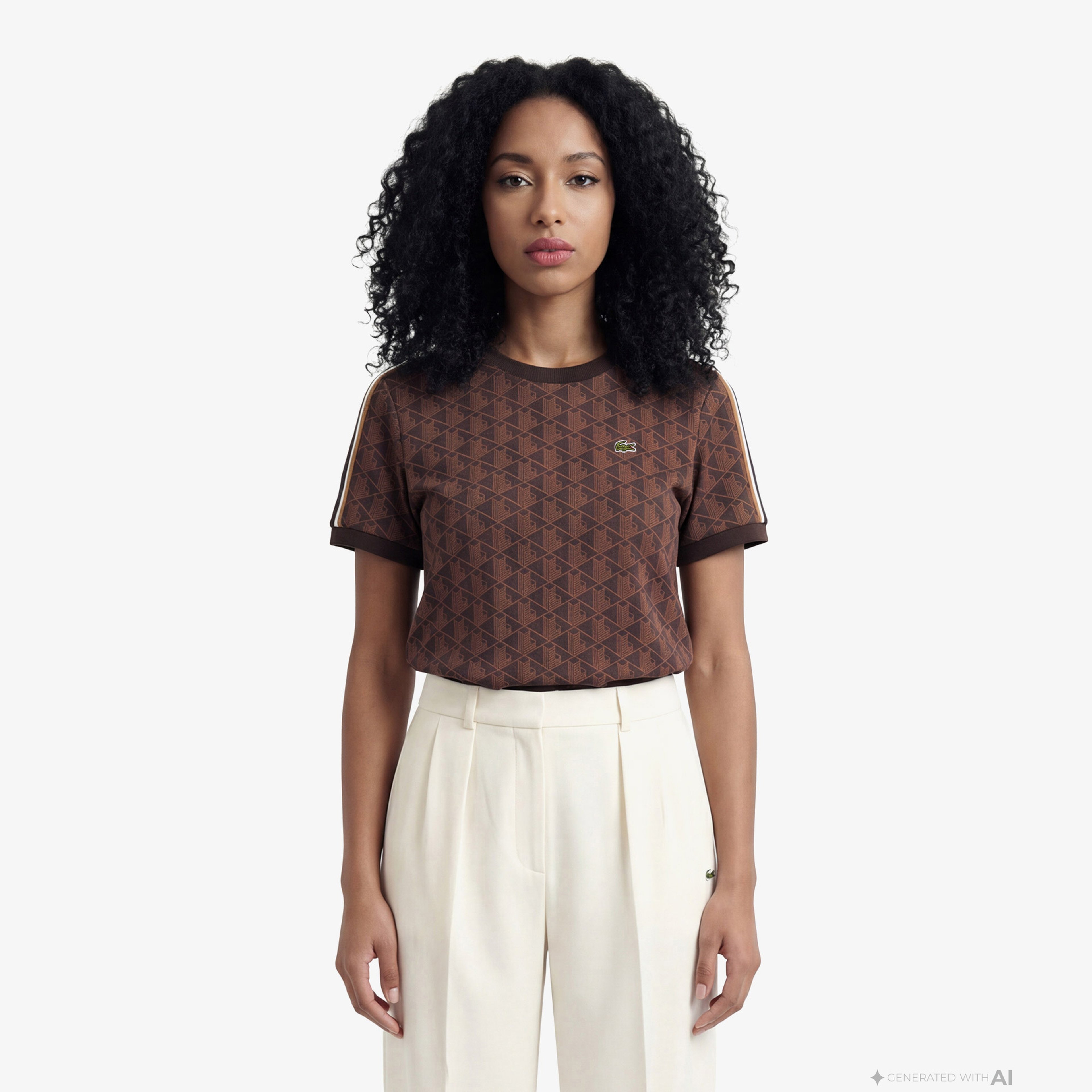 Lacoste Monogram Slim Fit Jacquard Erkek Kahverengi T-Shirt