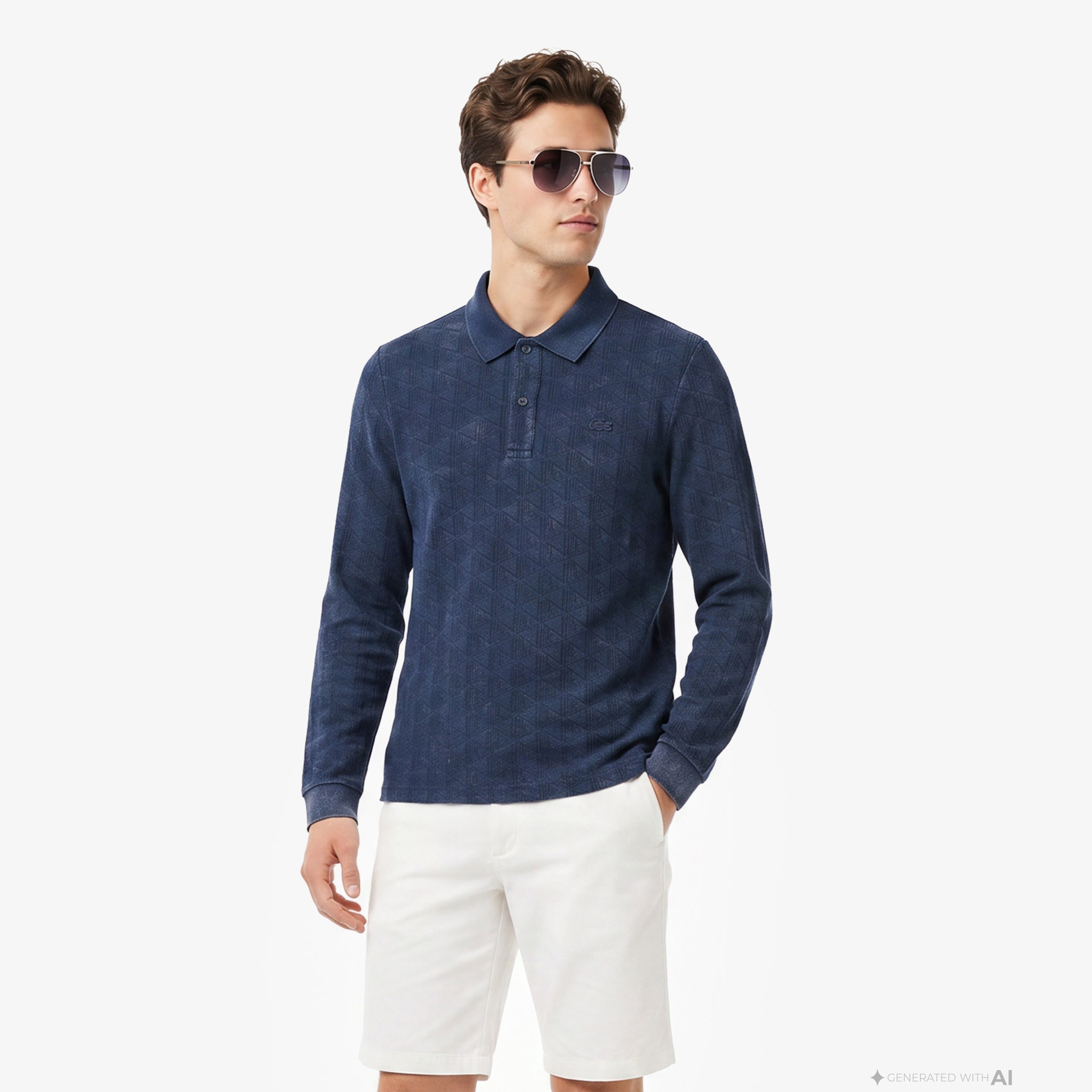 Erkek Regular Fit Uzun Kollu Monogram Lacivert Polo