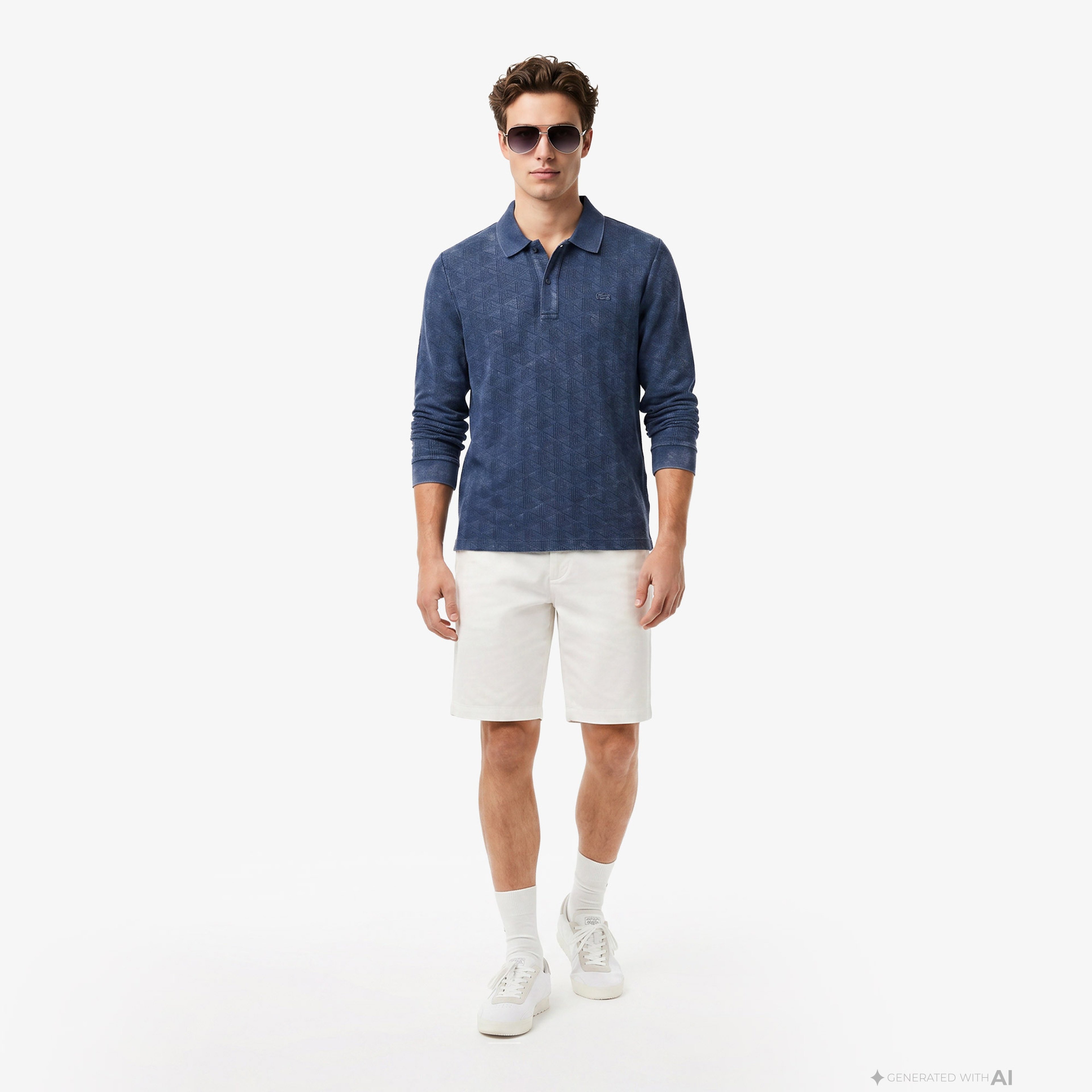 Erkek Regular Fit Uzun Kollu Monogram Lacivert Polo