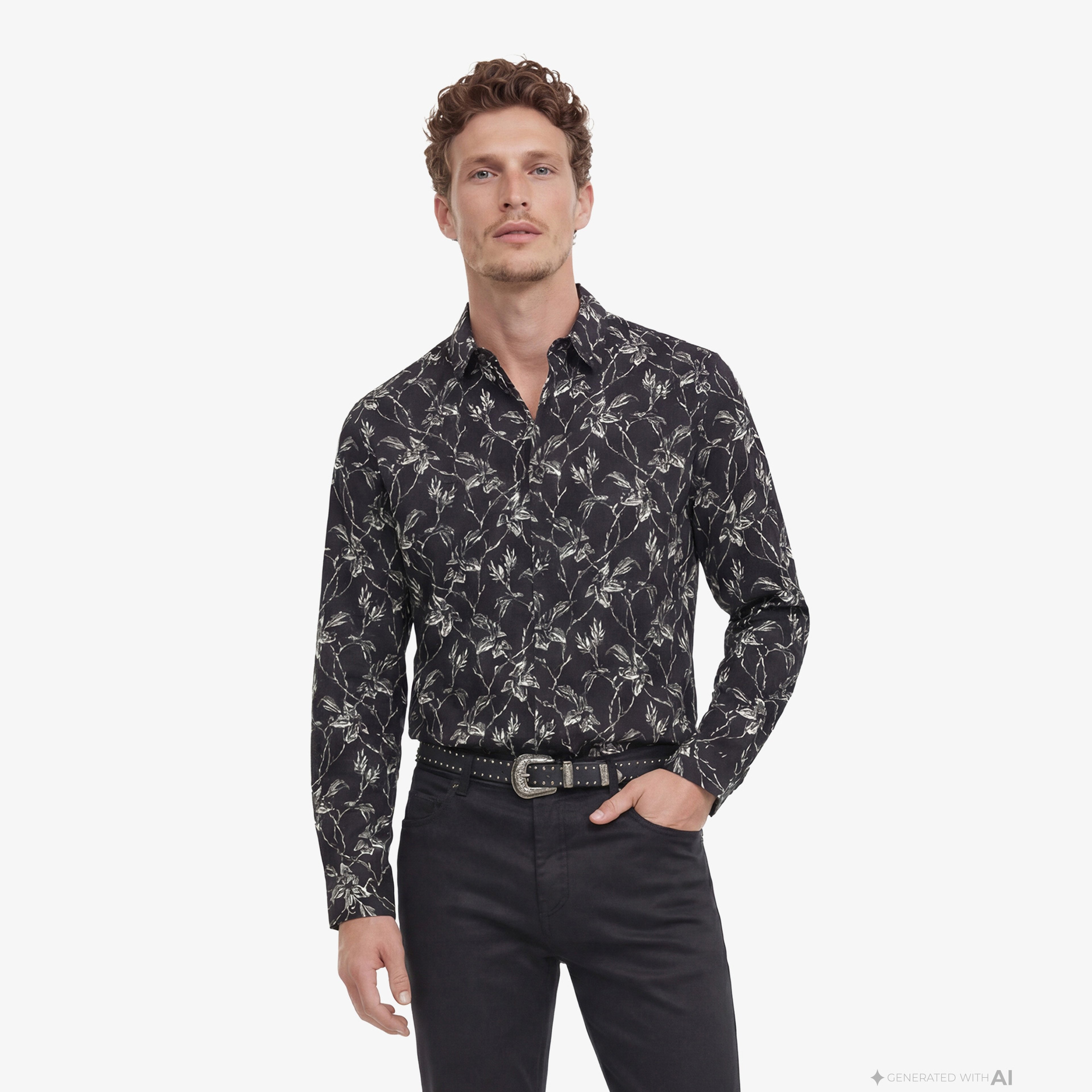 ERKEK STRAIGHT FIT BASKILI SİYAH GÖMLEK