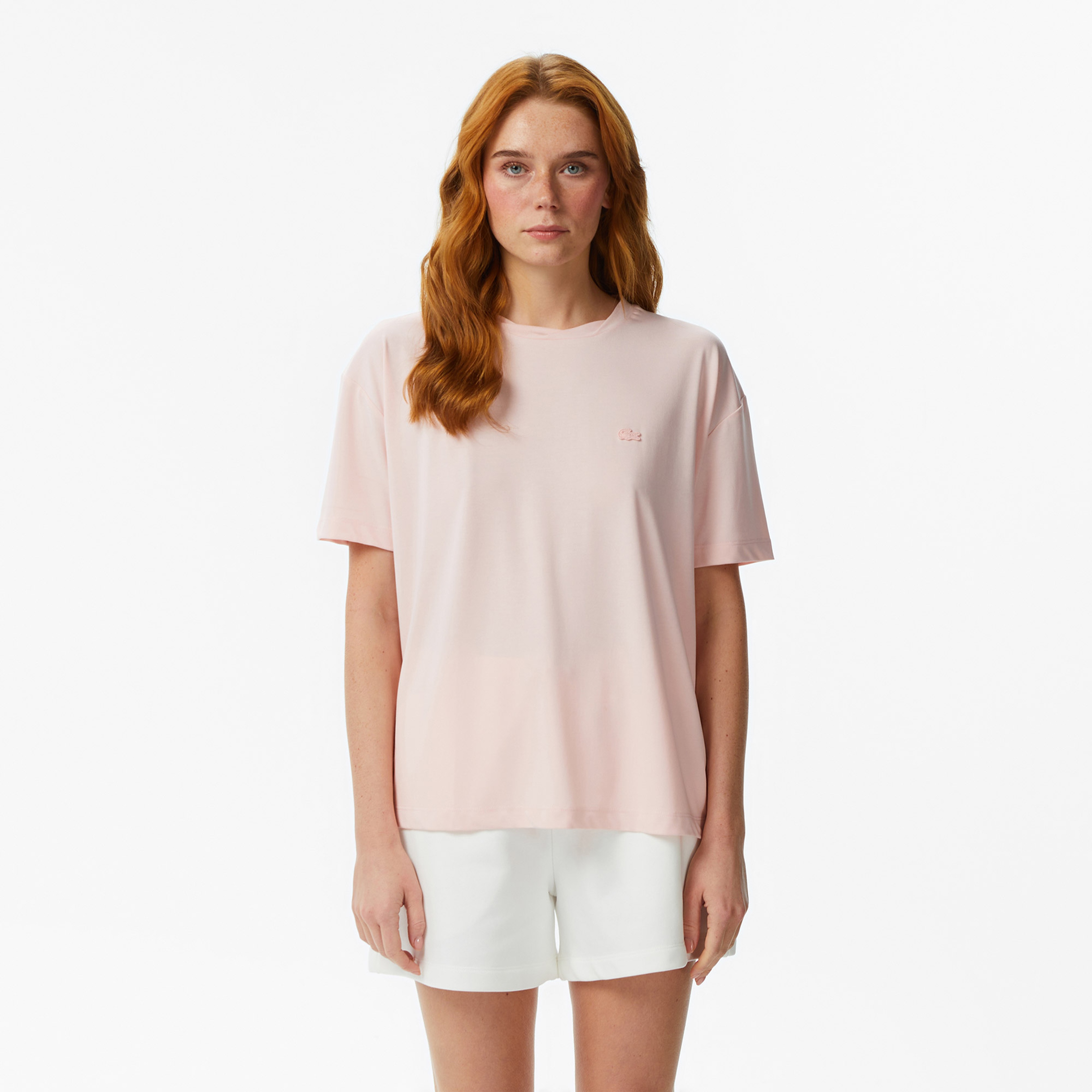 Kadın Relaxed Fit Bisiklet Yaka Açık Pembe T-Shirt