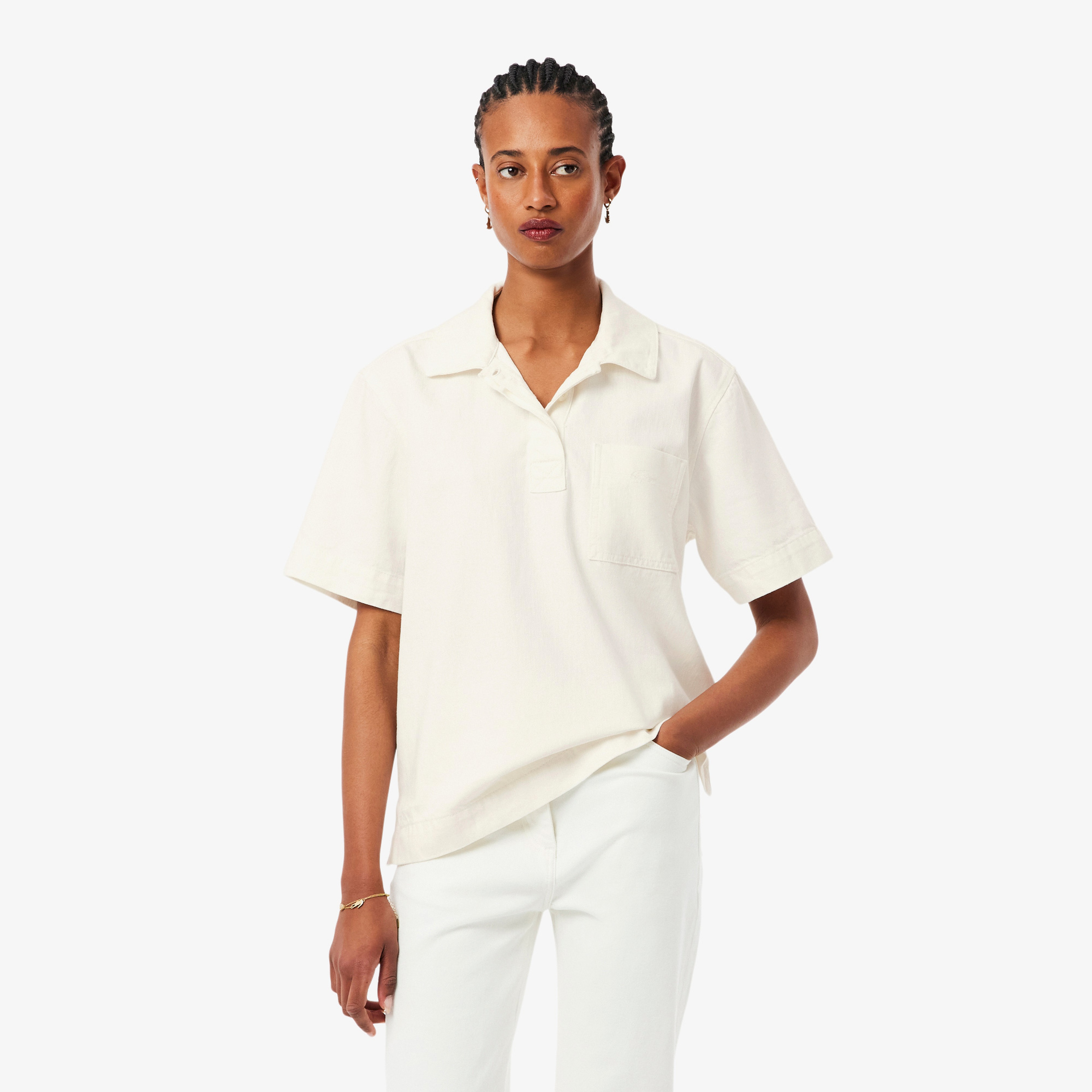 Lacoste Kadın Oversize Fit Kısa Kollu Polo Yaka Denim Beyaz Gömlek