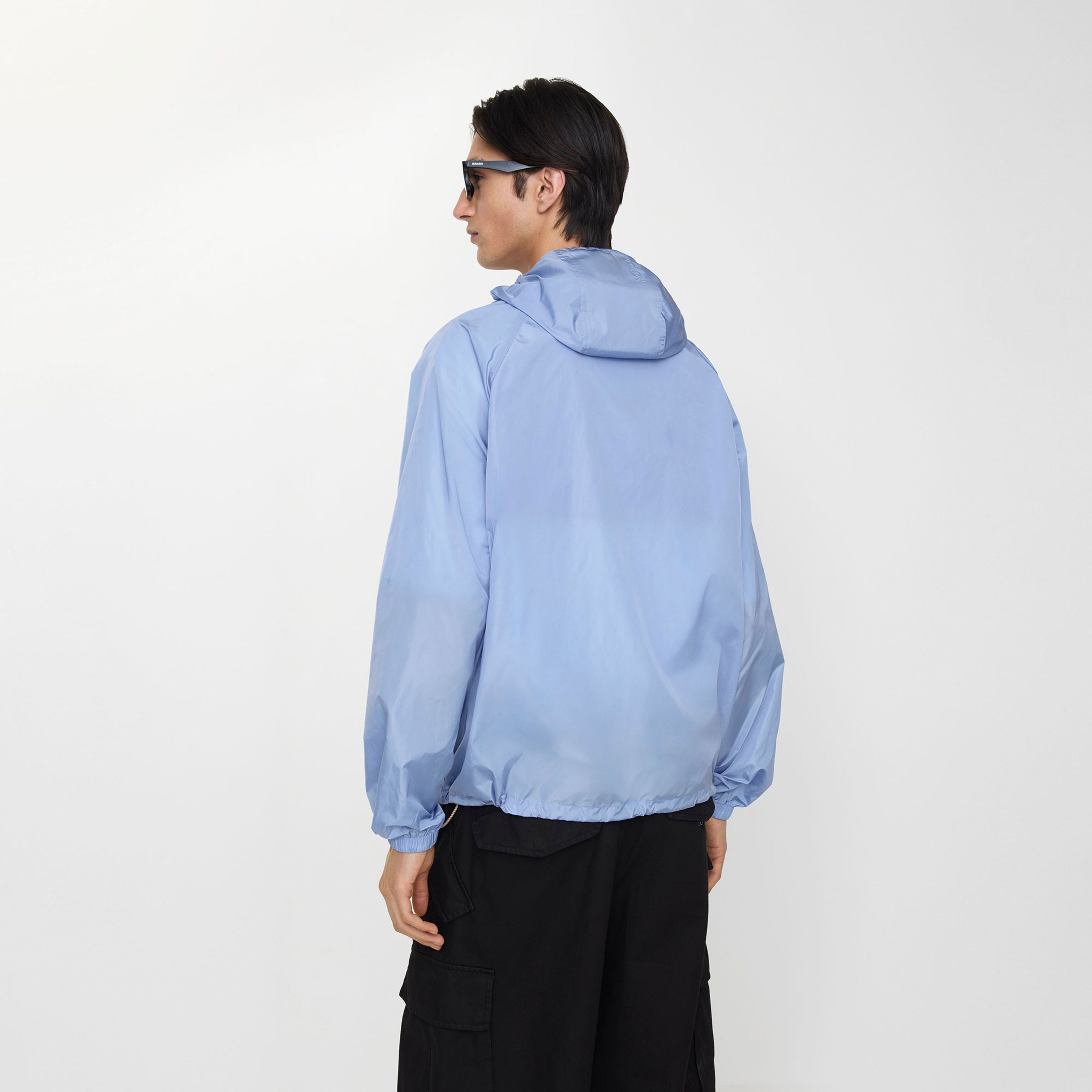 Burberry Checker-Tape Nylon Hooded Erkek Mavi Rüzgarlık
